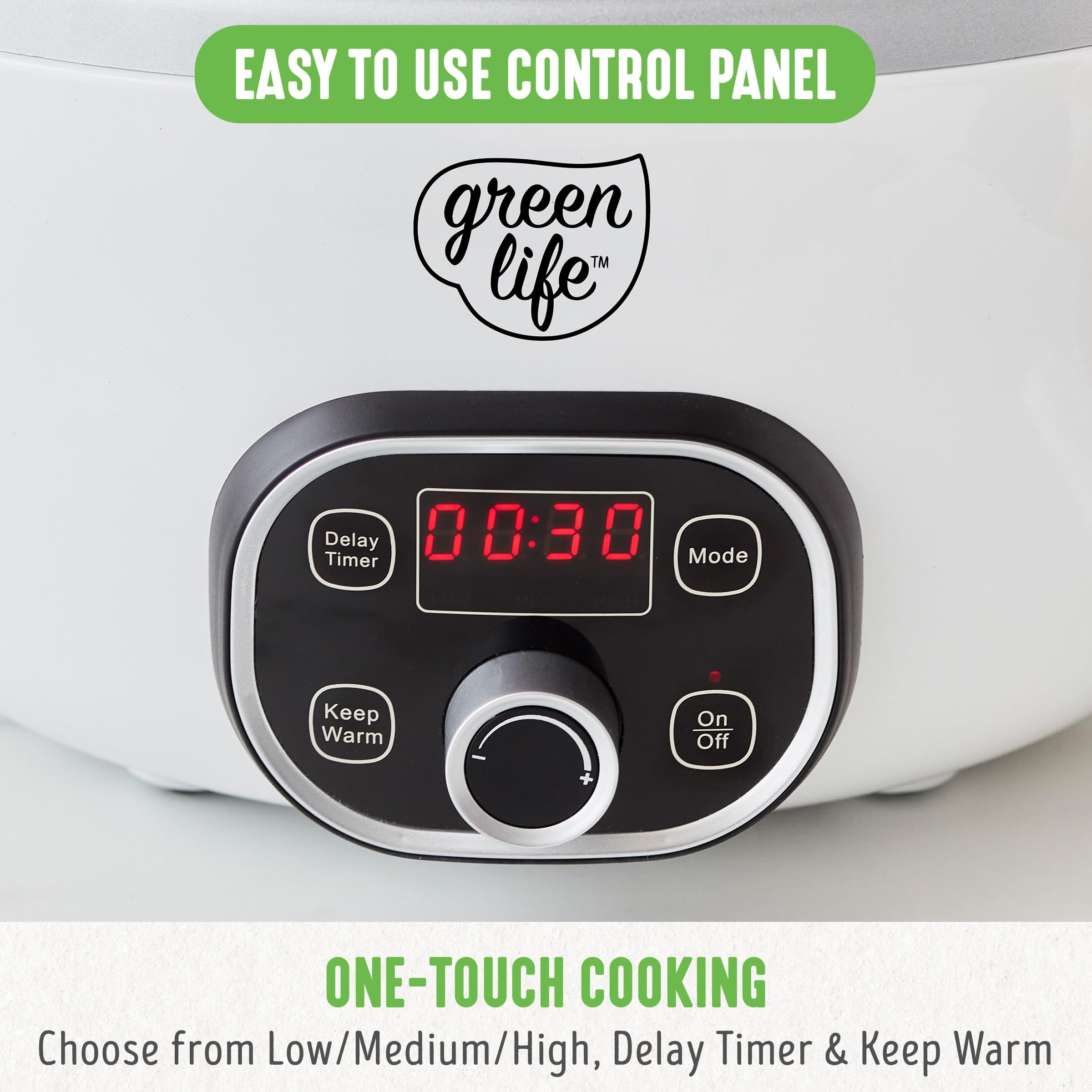 GreenLife 6QT Slow Cooker, PFAS-Free Ceramic Nonstick, Programmable, White, Model CC004774-001, Dishwasher Safe, Keep Warm Feature