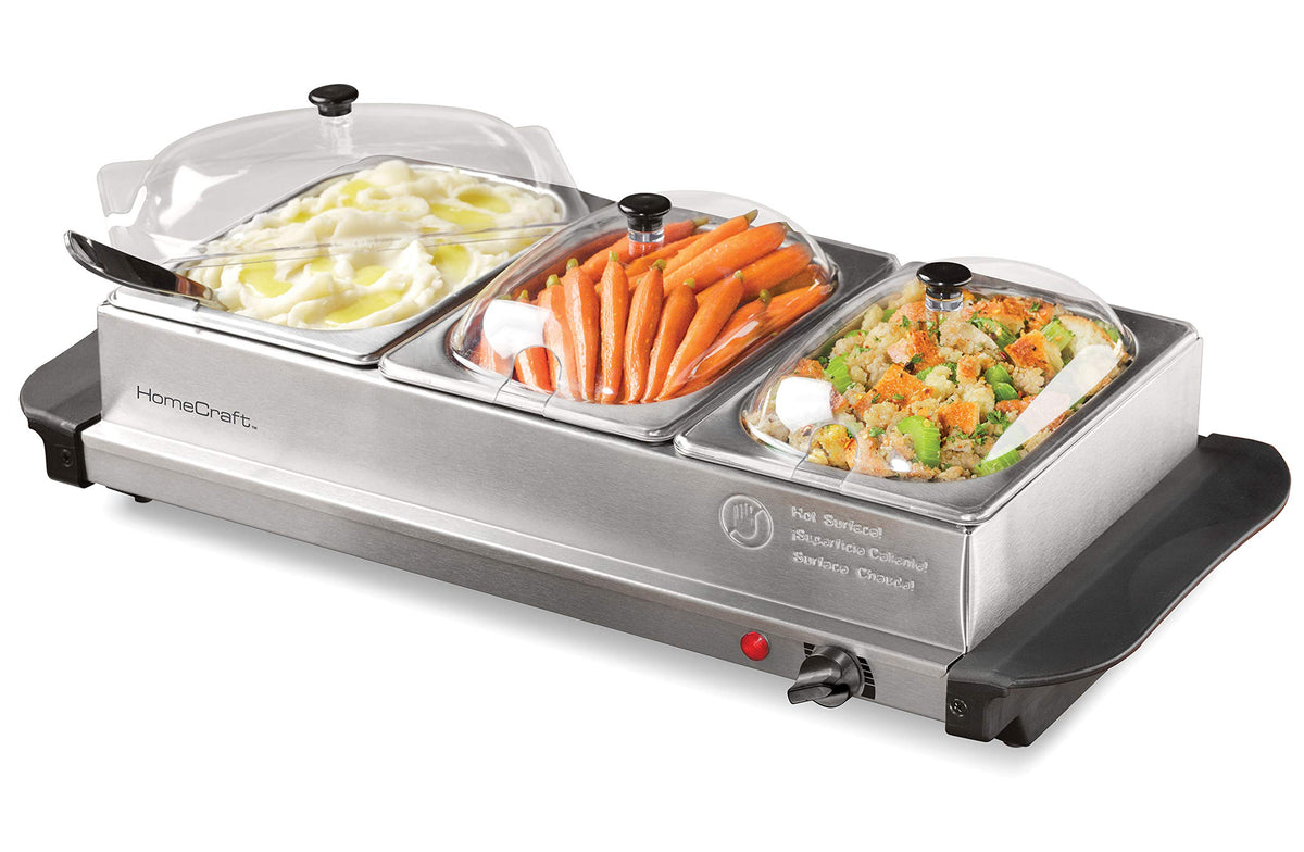 Homecraft Hcbs15Ss 3-Station 1.5-Quart Stainless Steel Buffet Server Slow Cooker & Warming Tray, Adjustable Temperature, Perfect