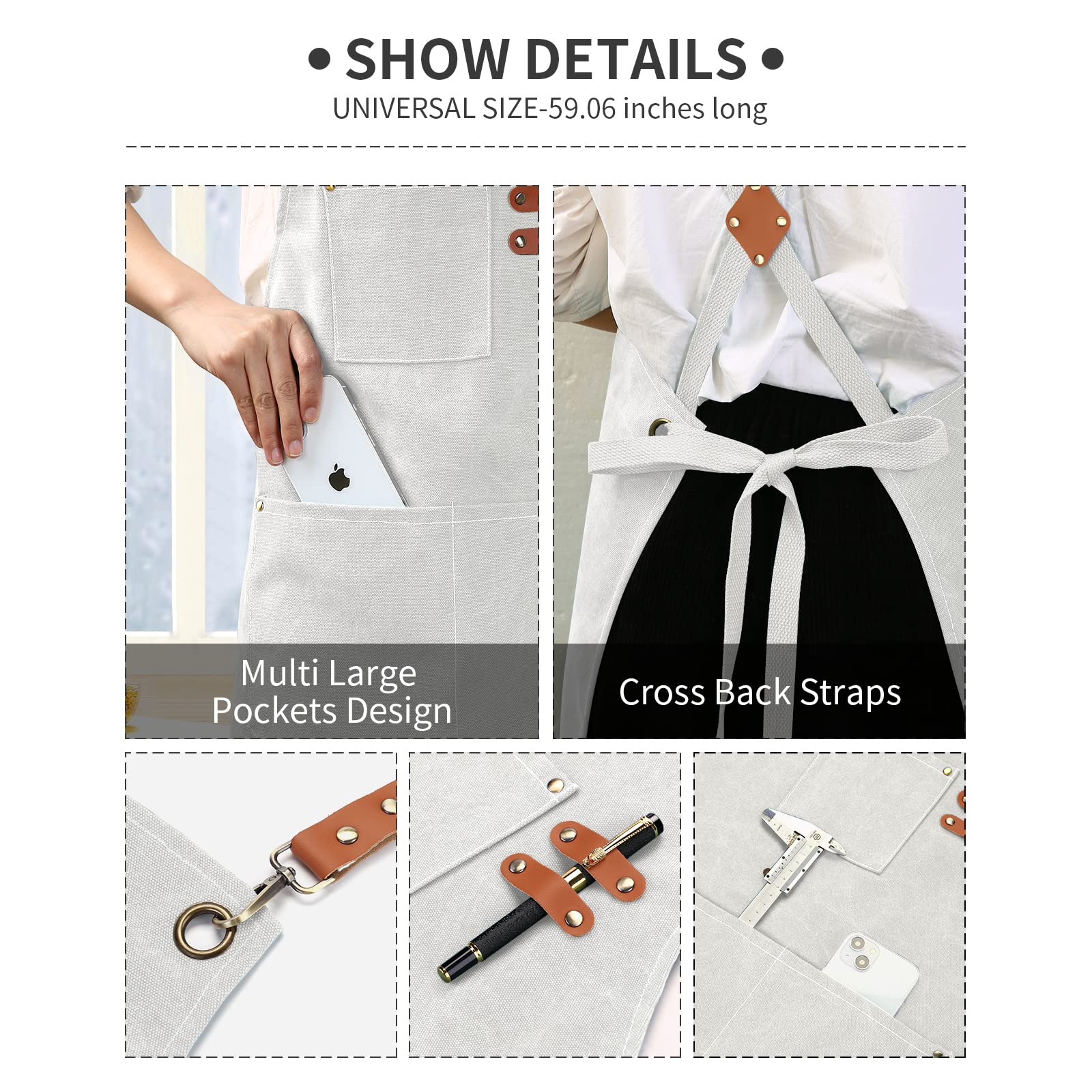 Zomao White Chef Aprons For Men Women With Large Pockets,Cotton Canvas Cross Back Apron,Kitchen Cooking Baking Bib Heavy Duty Ad