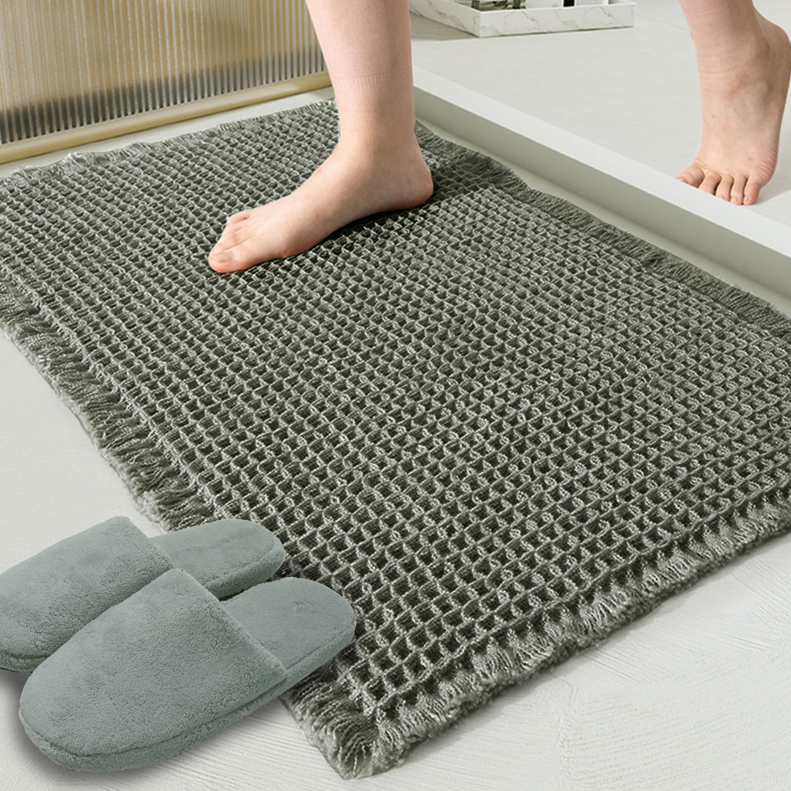 Zall Waffle Bath Mat,Super Absorbent Non Slip Bathroom Rug,Dark Green 24X36Inch,Machine Washable Ultra Soft Floor Mats