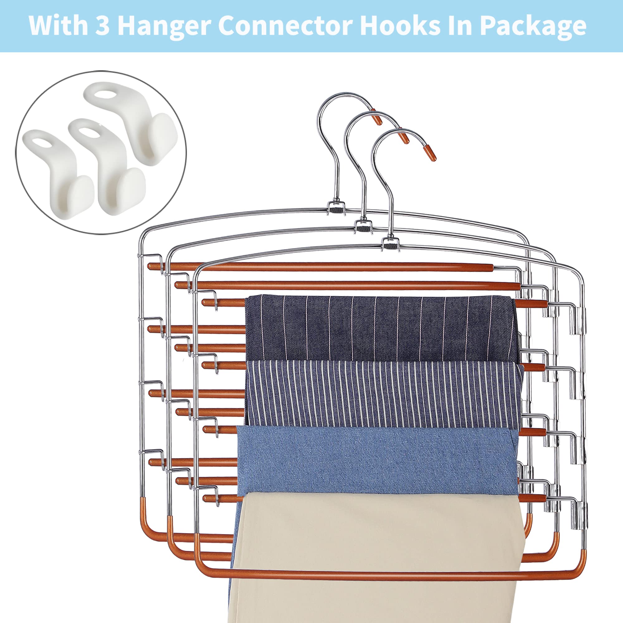 Pants Hangers Non Slip 3 Pack Space Saving Hangers Multi-Layer Swing Arm Pants Hanger Stainless Steel Space Saver Hangers for Pants Jeans Scarf Trouser Tie Towel Clothes (Gold)