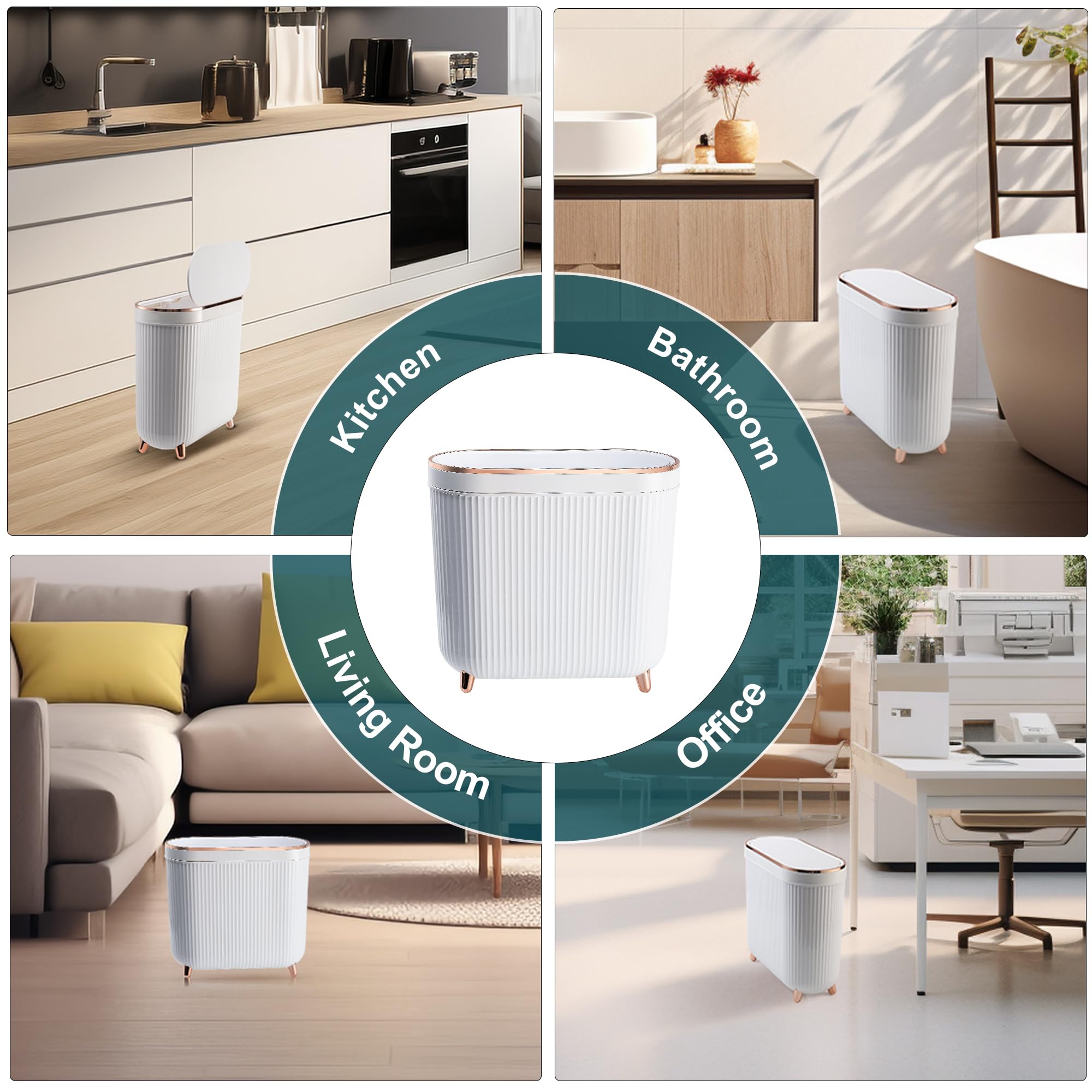 Supteron Bathroom Trash Can With Lid 3.2 Gallon Narrow Trash Can Small Plastic Trash Bin 12 Liter With Press Type Lid For Bedroo