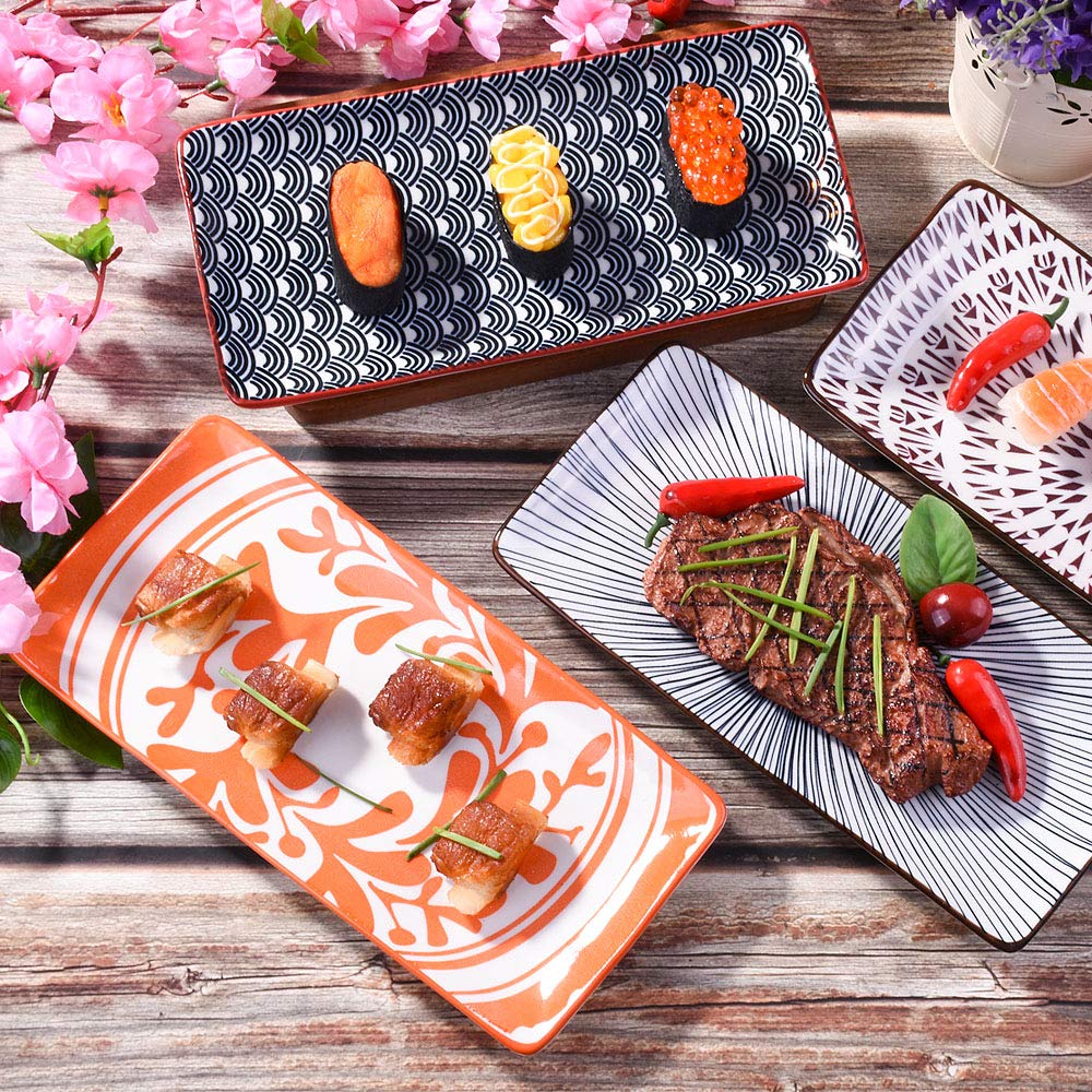 Bosili 9.7 Inch Japanese Sushi Plate Set Of 4 Long Rectangle Plates Serving Trays For Desserts Dumplings Sushi And Chicken Wings