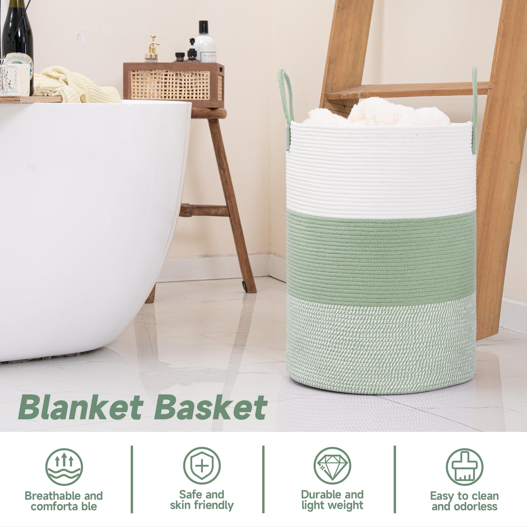 Clhmily&Z 100L Laundry Basket Round Storage Rope Basket - 18.1X24 Inches - Green Hamper In Bedreoom And Cute Storage Bin For Bla