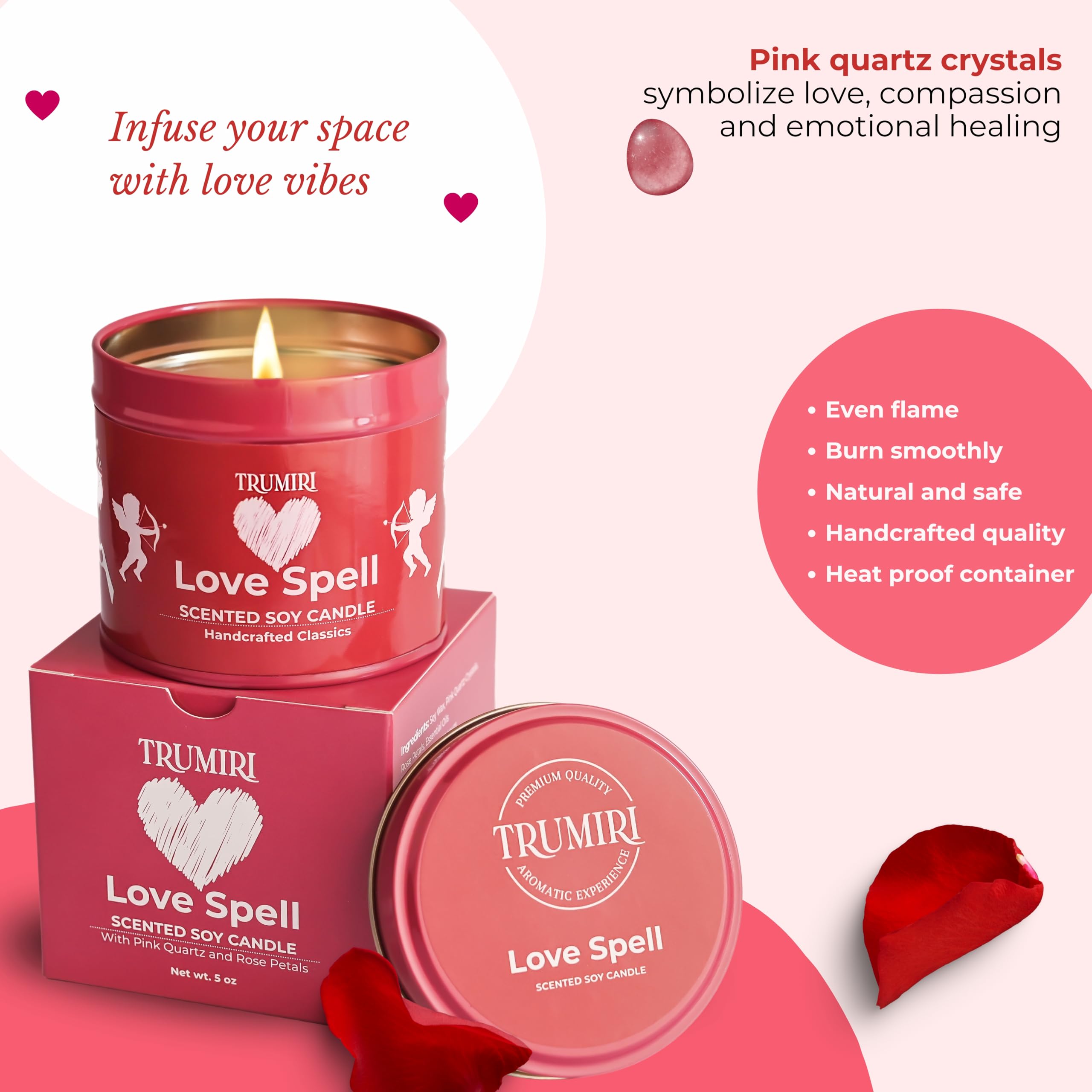 Love Spell - Scented Candles for Women & Men with Rose Petals and Crystals - 5oz Soy Clean Organic Non Toxic - Velas Arom  ticas
