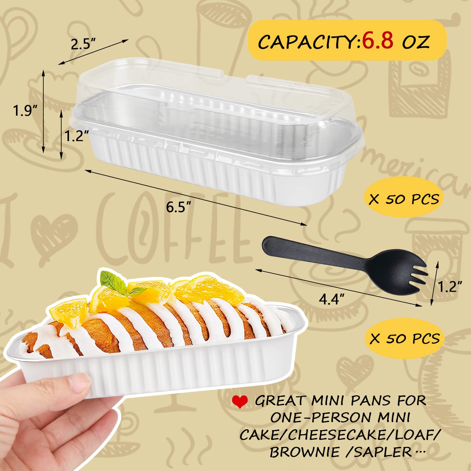 Lnyzqus Mini Loaf Baking Pans With Lids 50 Pack, 6.8Oz Rectangle Aluminum Foil Mini Cake Baking Pans Tins Containers,Disposable