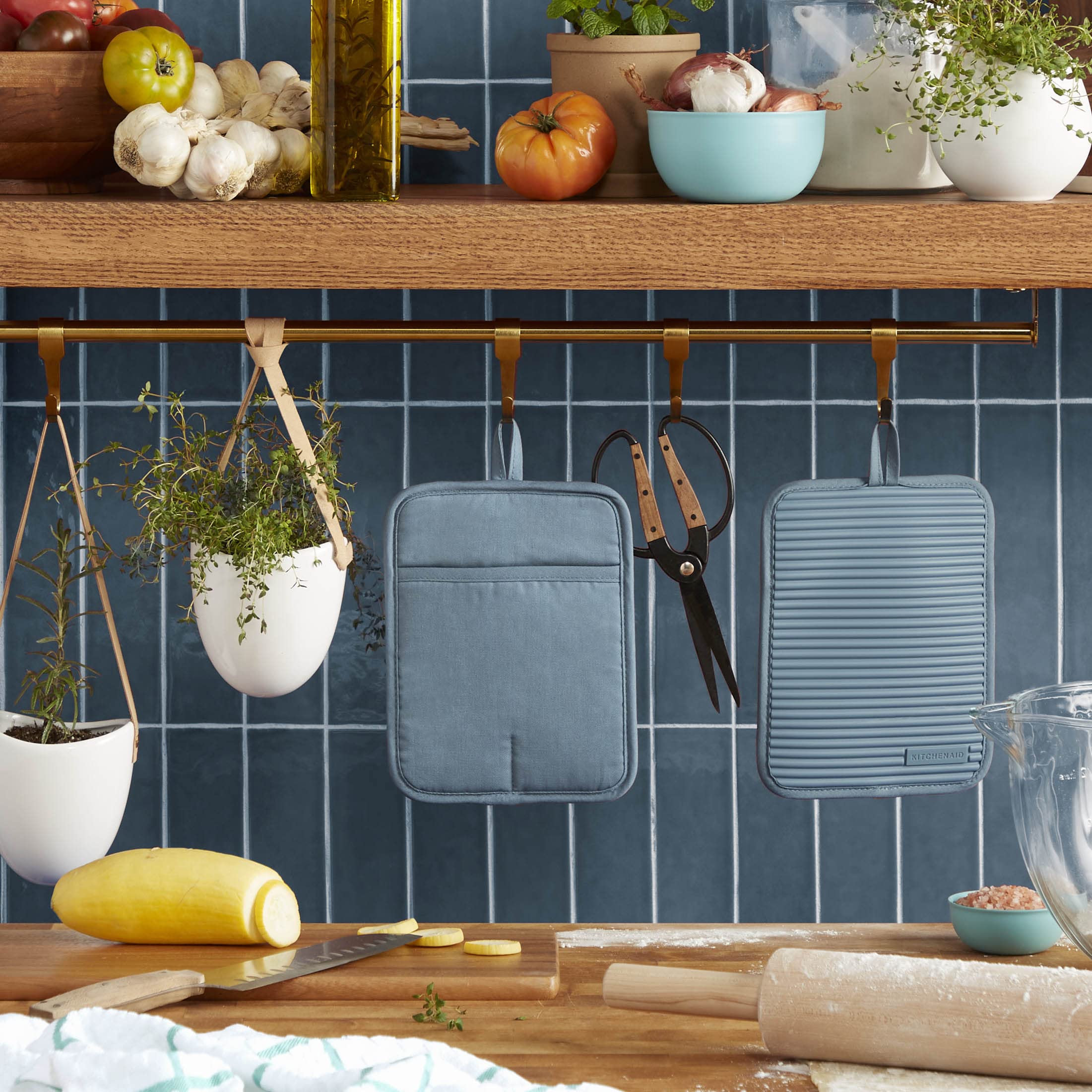 KitchenAid Ribbed Silicone Pot Holder Set, Fog Blue, 7"x9", Cotton, Model 2P013118TDKA 216BL, 2-Pack