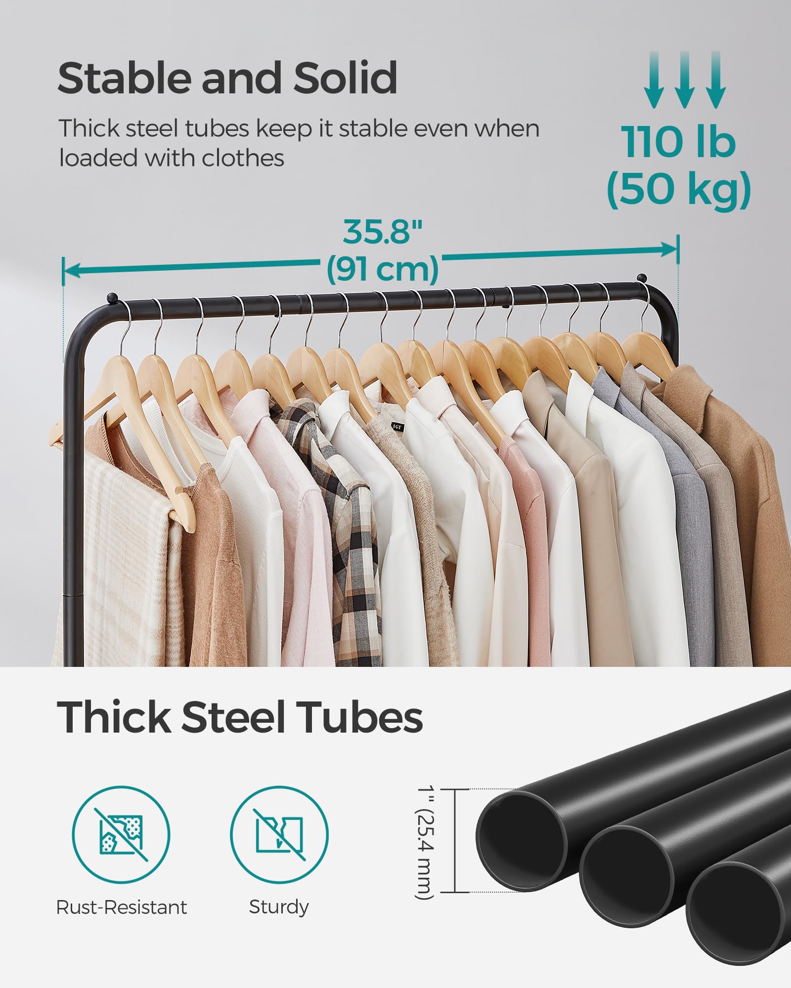Songmics Clothes Rack With Wheels, Double-Rod Clothing Rack For Hanging Clothes, 25.4Mm Metal Garment Rack With Dense Mesh Stora
