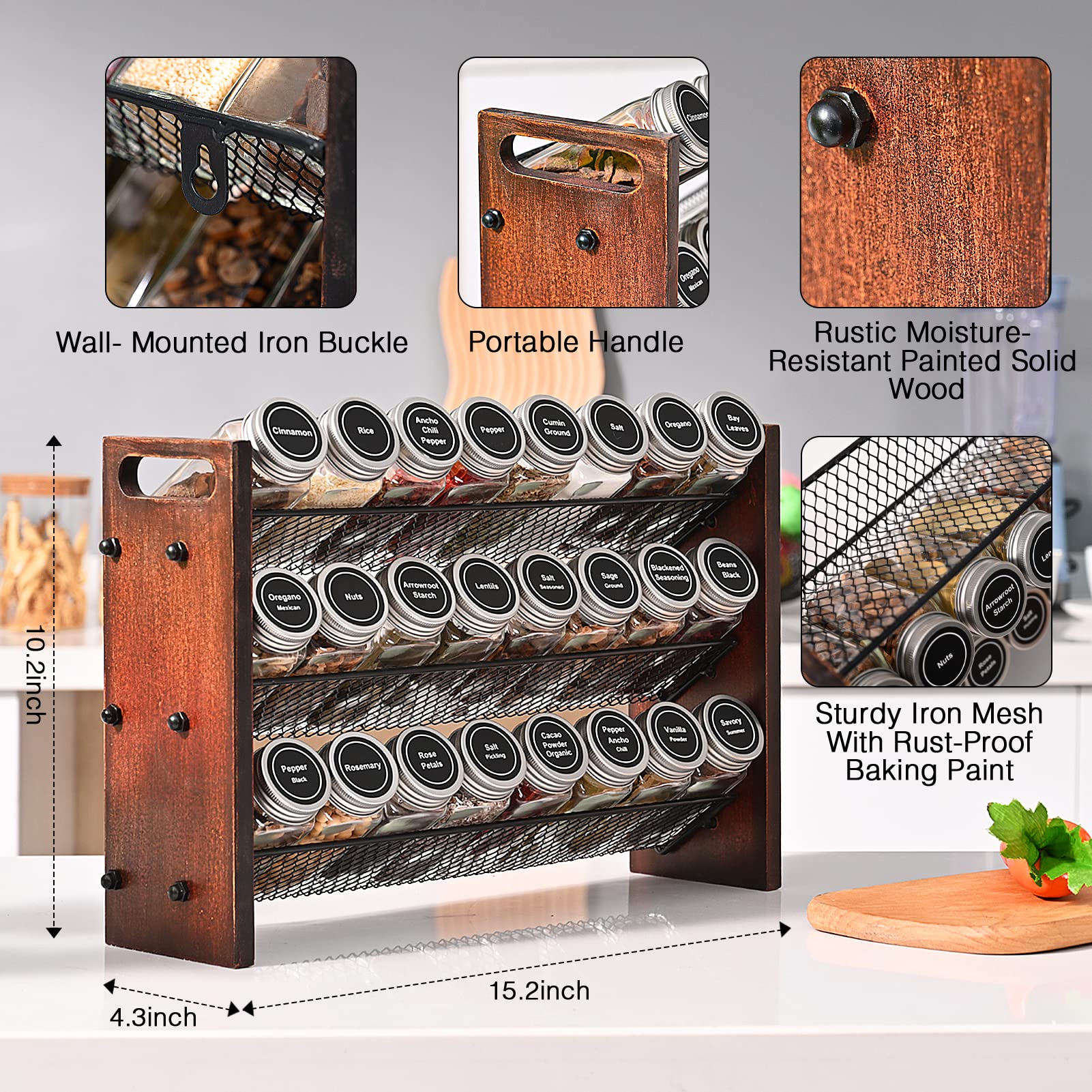 Roykoota Spice Rack, Spice Rack Organizer without Seasoning Jars, Wooden Spice Organizer, Rustic 3 Tier Kitchen Spice Rack Shelf
