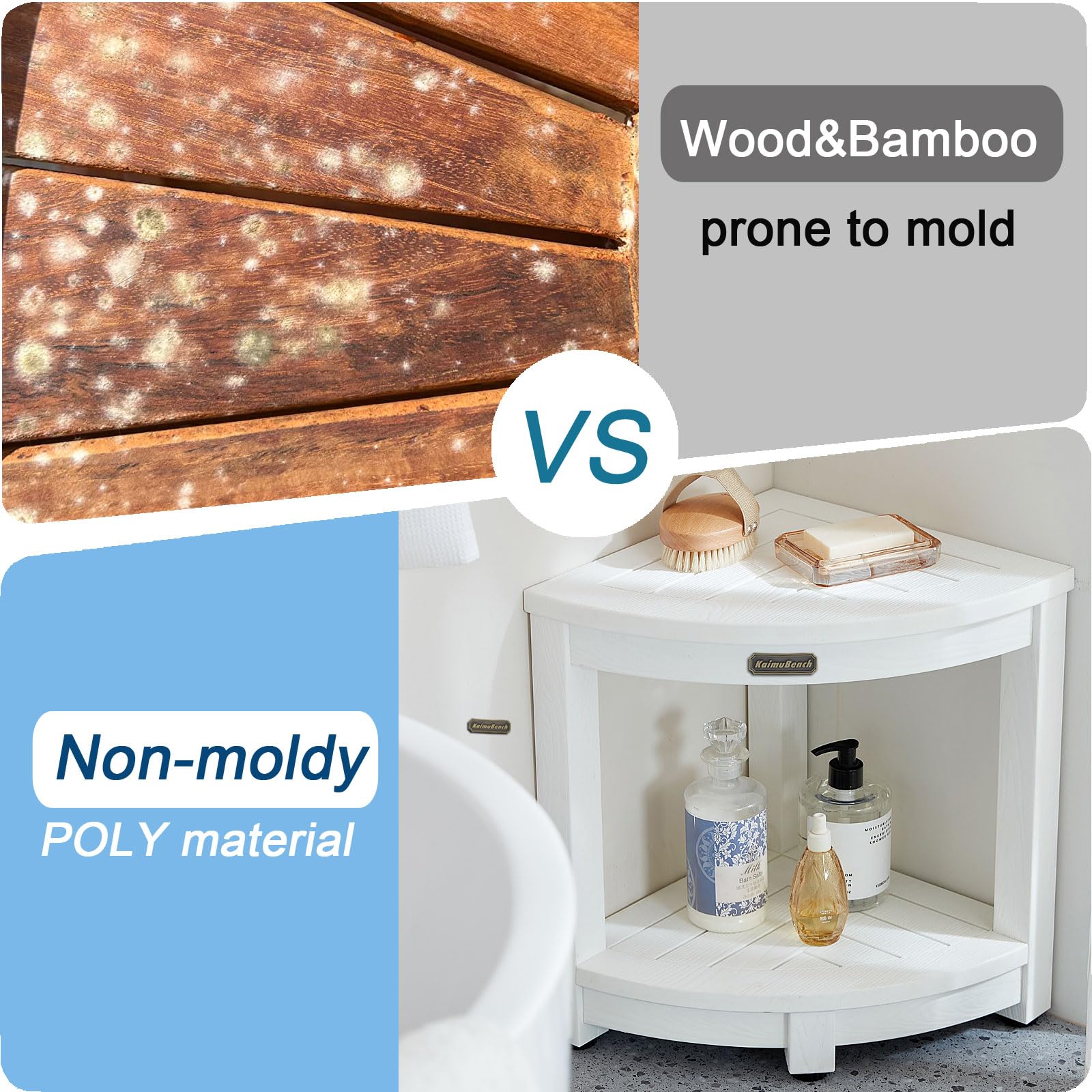 Corner Shower Stool For Inside Shower Waterproof, Poly Lumber Bathroom Shower Corner Bench Seat, Plastic Shower Chair Seat, Show