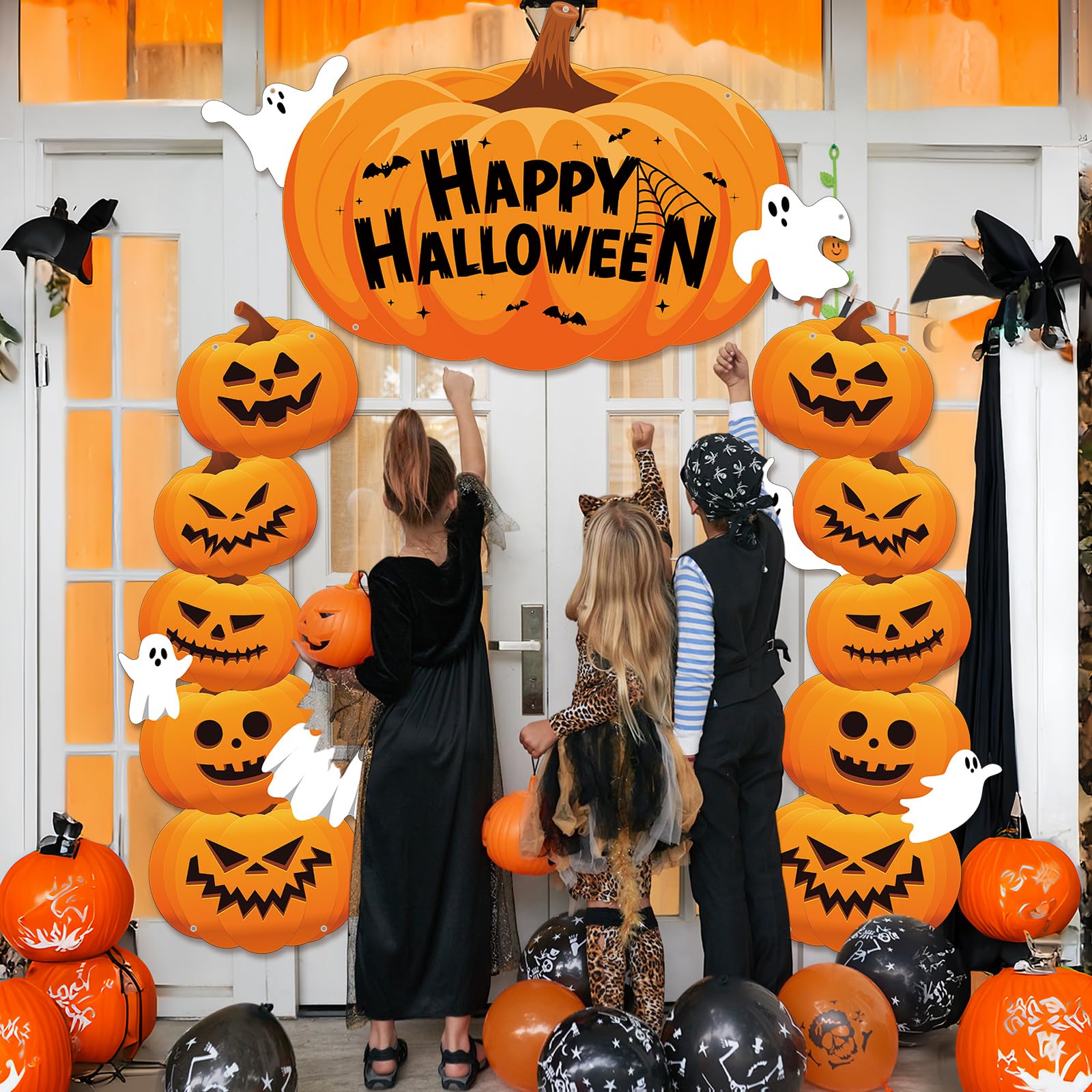 HunnmingRe 71 Inch 3 Pcs Halloween Door Decorations for Classroom Pumpkin Party Porch Banner Gift Wrap Door Banner Halloween Cov