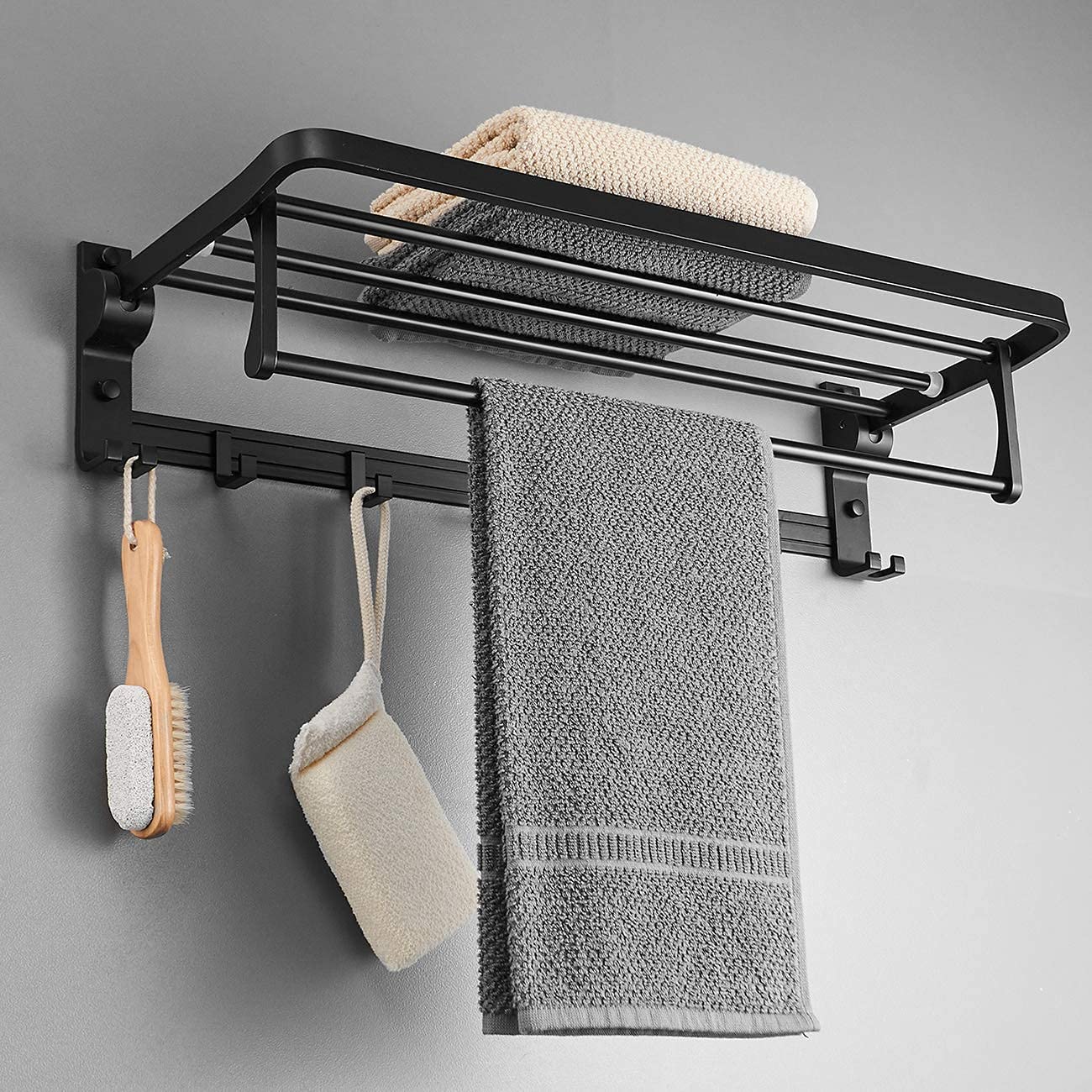 MUSTORN Towel Rack Wall Mount for Bathroom with Towel Bar and Hooks 23.6 in Foldable Towel Shelf Lavatory Towel Organizer Matte 