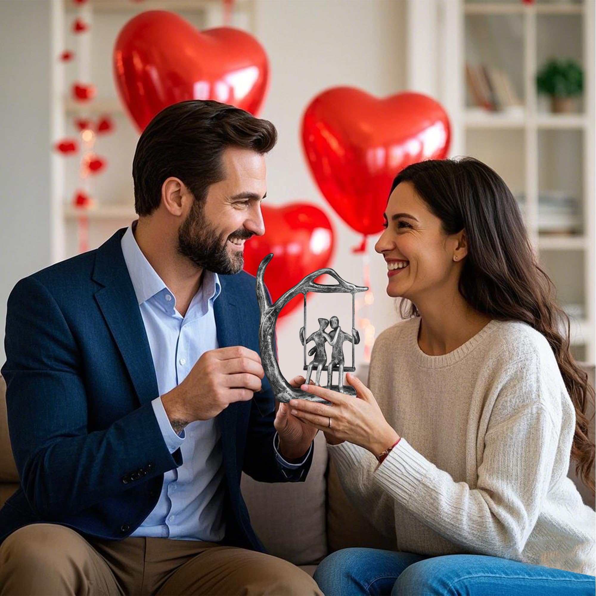 Kresecioo Anniversary Wedding Gifts for Couple/Her - Romantic Couple Statue in Love, Antique Silver Metal Figurine Sweet Loving