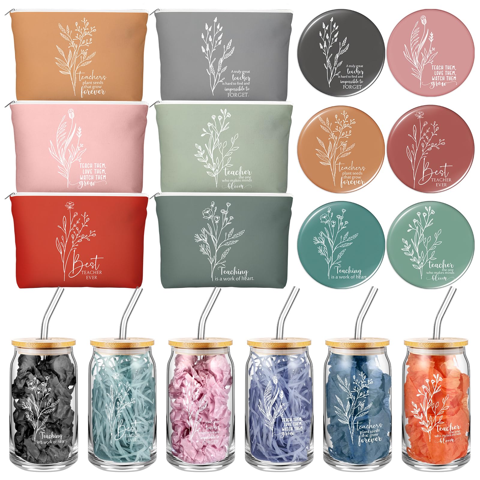 Fumete 6 Sets Teacher Appreciation Gifts for Women Bulk Floral Makeup Bag Inspirational Glass Cup with Bamboo Lid Mini Compact M