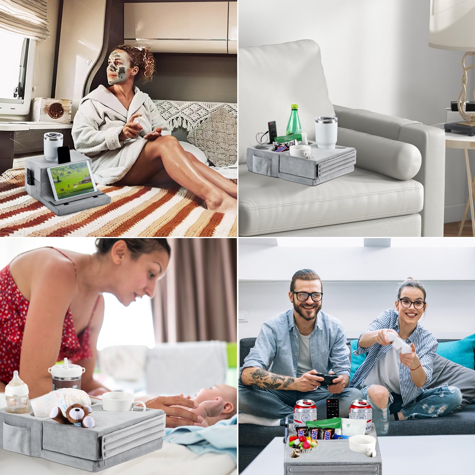 Luxspire Couch Cup Holder Tray, Couch Cup Holder Pillow With 8 Holes And Side Pocket, Tablet Pillow Couch Caddy For Ipad/Drinks/