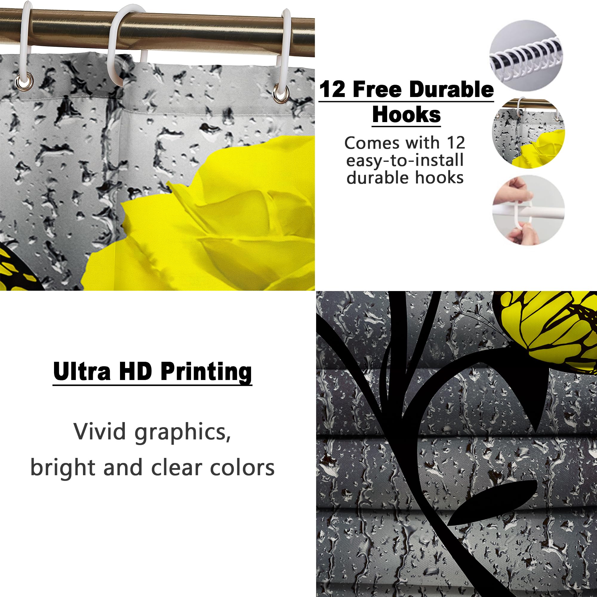 Poedist 4 Pcs Bathroom Set,Yellow Rose Shower Curtain Sets, Romantic Shower Curtain Sets With Rugs(Bath Mat,U Shape And Toilet L