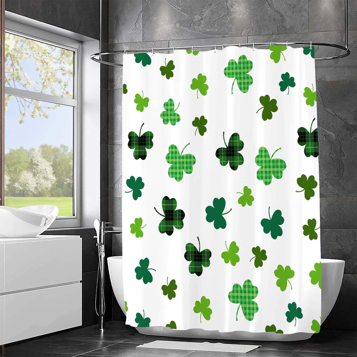 Jbralid Happy St Patrick'S Day Clover Shower Curtains Green Shamrock Farmhouse Waterproof Bathroom Shower Curtain For Bathtub De