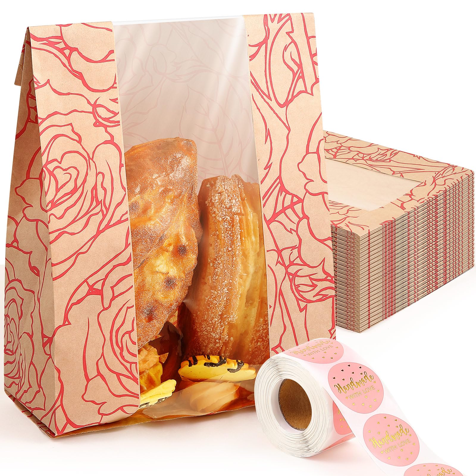 Perthlin 50 Pack Bread Bags Bulk for Homemade Bread Kraft Sourdough Bread Bags with 500pcs Love Stickers Large Paper Bakery Bags