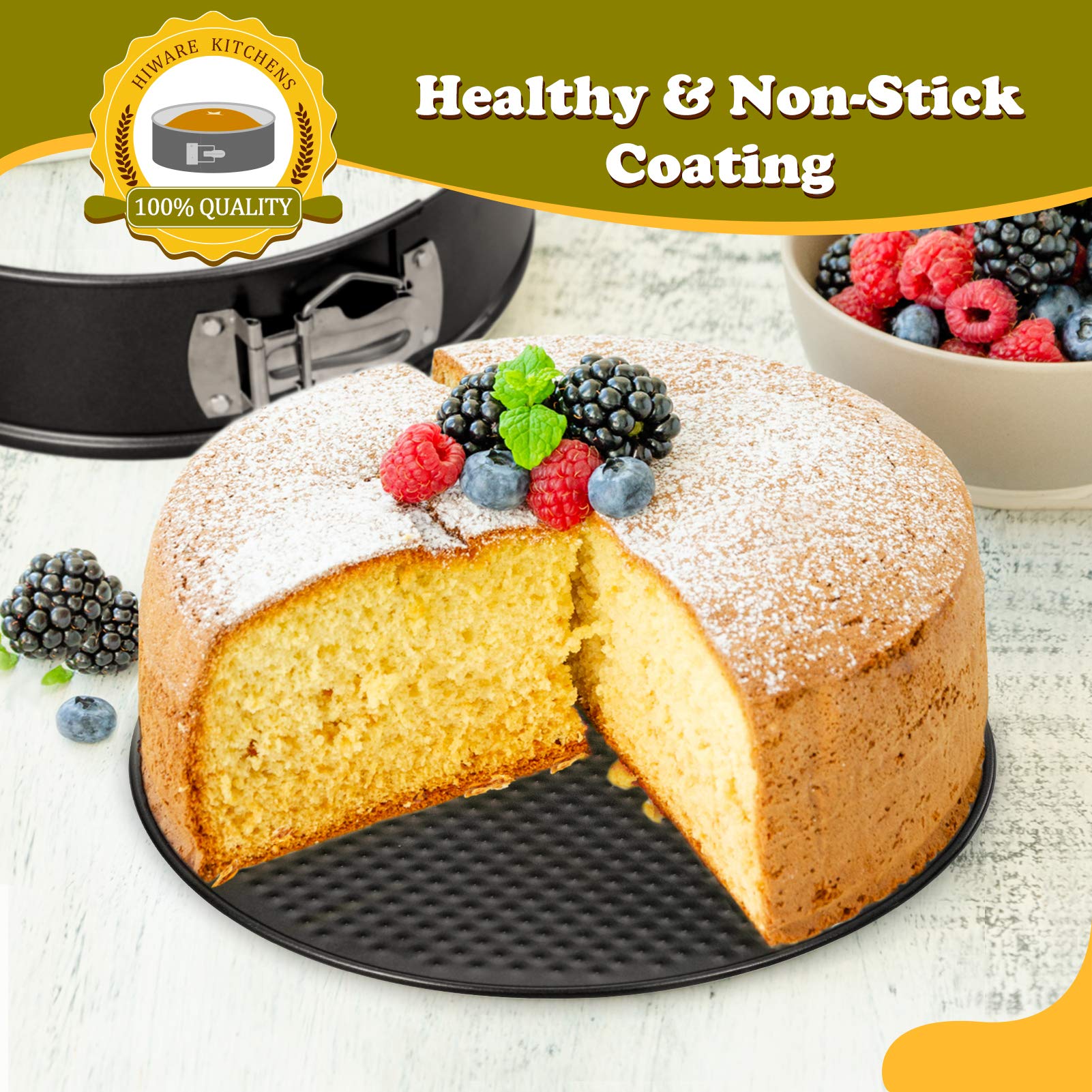 HIWARE 10-Inch Non-Stick Springform Pan, Leakproof Cheesecake Pan with Removable Bottom, Black, Includes 50 Pcs Parchment Paper, Model SP10N