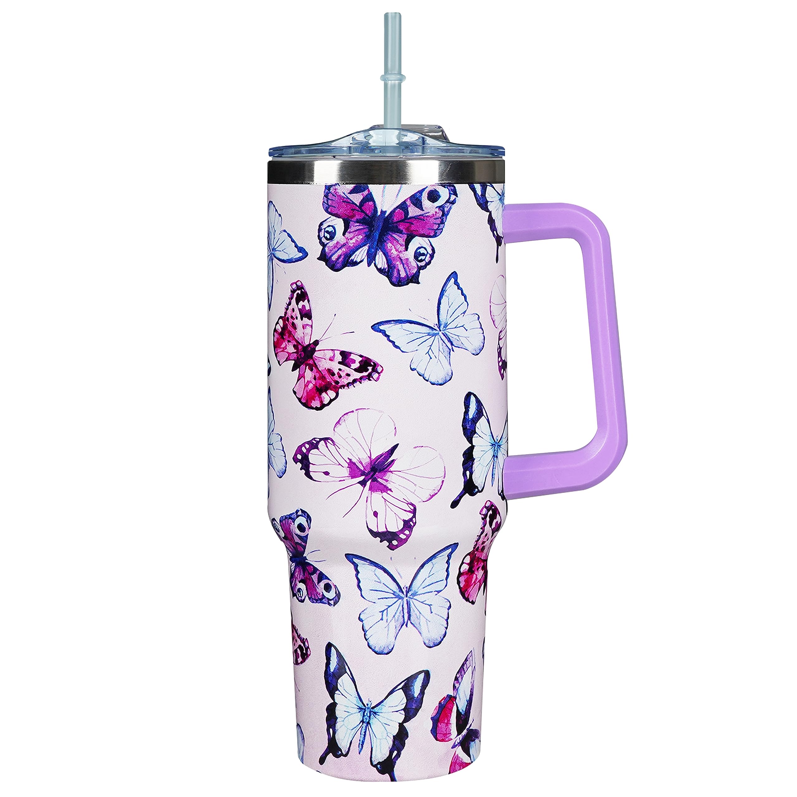 40 Oz Tumbler With Handle 40oz Purple Butterfly Tumbler With Lid Straw Double Insulated Travel Coffee Mug Butterfly Gifts For Wo