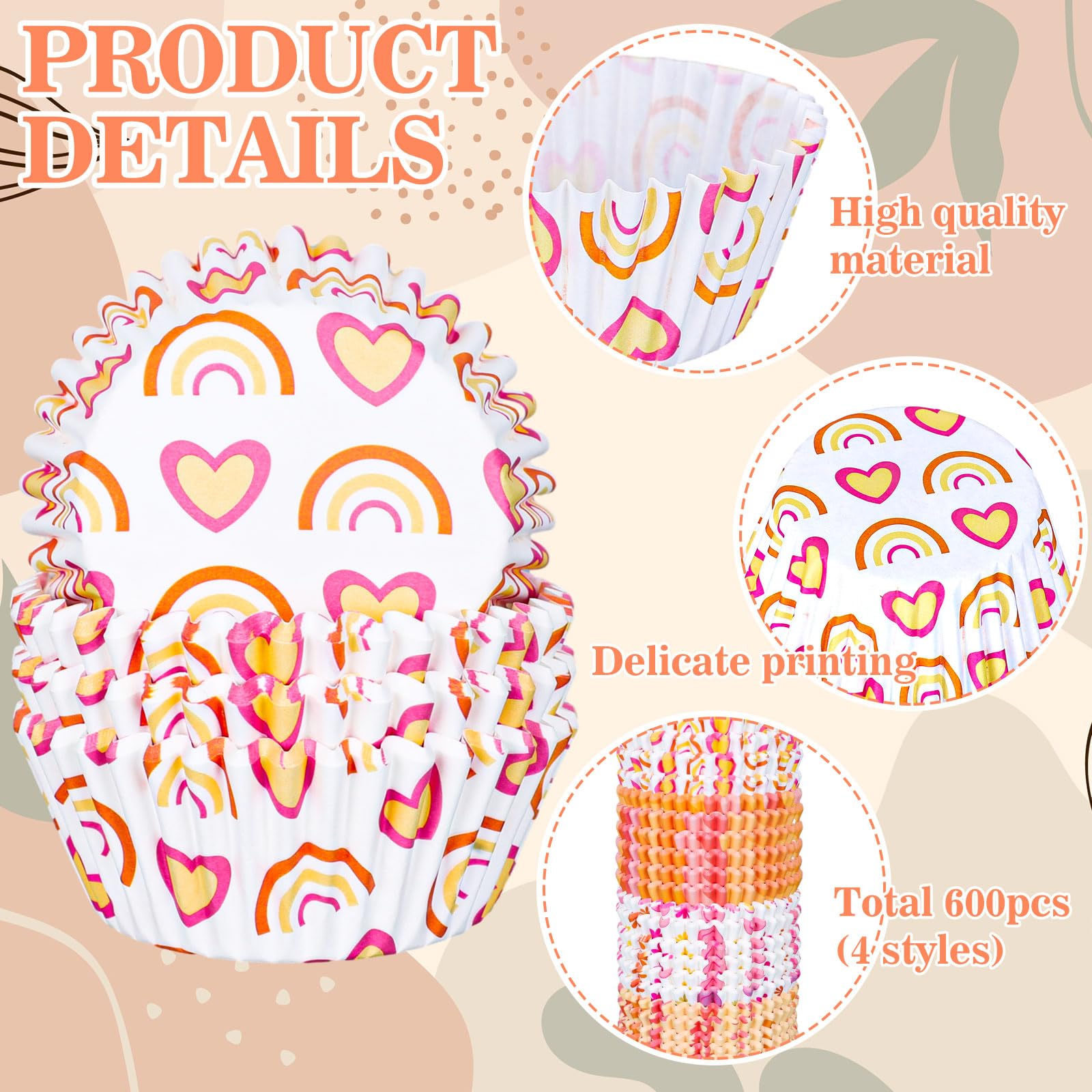 Whaline 600Pcs Boho Cupcake Liners Retro Groovy Party Cupcake Wrappers Rainbow Daisy Flower Paper Baking Cups Baking Liners For