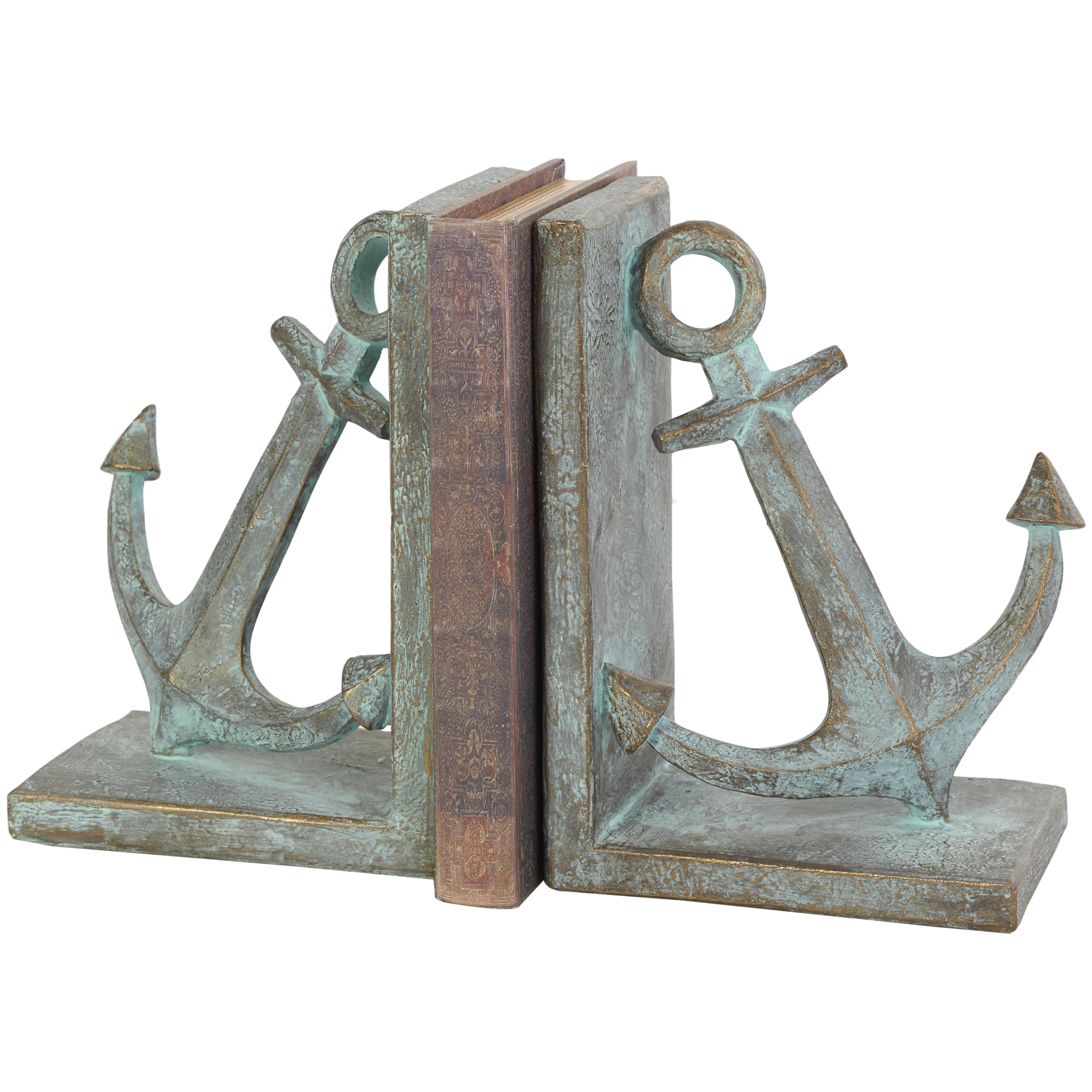 Deco 79 Polystone Anchor Decorative Bookends Distressed Patina Non Skid Bookends with Gold Foil Accents, Set of 2 Office Bookend