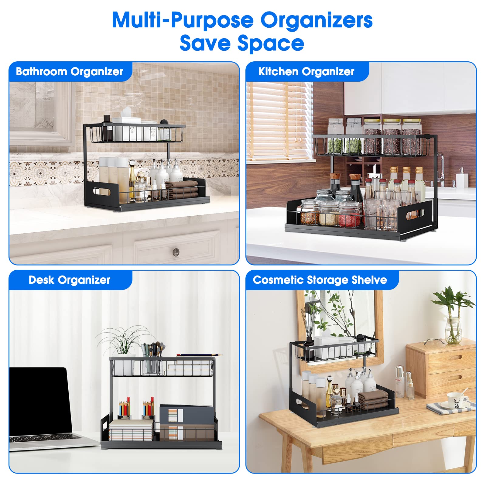 Uinofle Under Sink Organizers And Storage, 2 Tier Sliding Cabinet Basket Organizer Drawer Pull Out Cabinet Organizer Multi-Purpo
