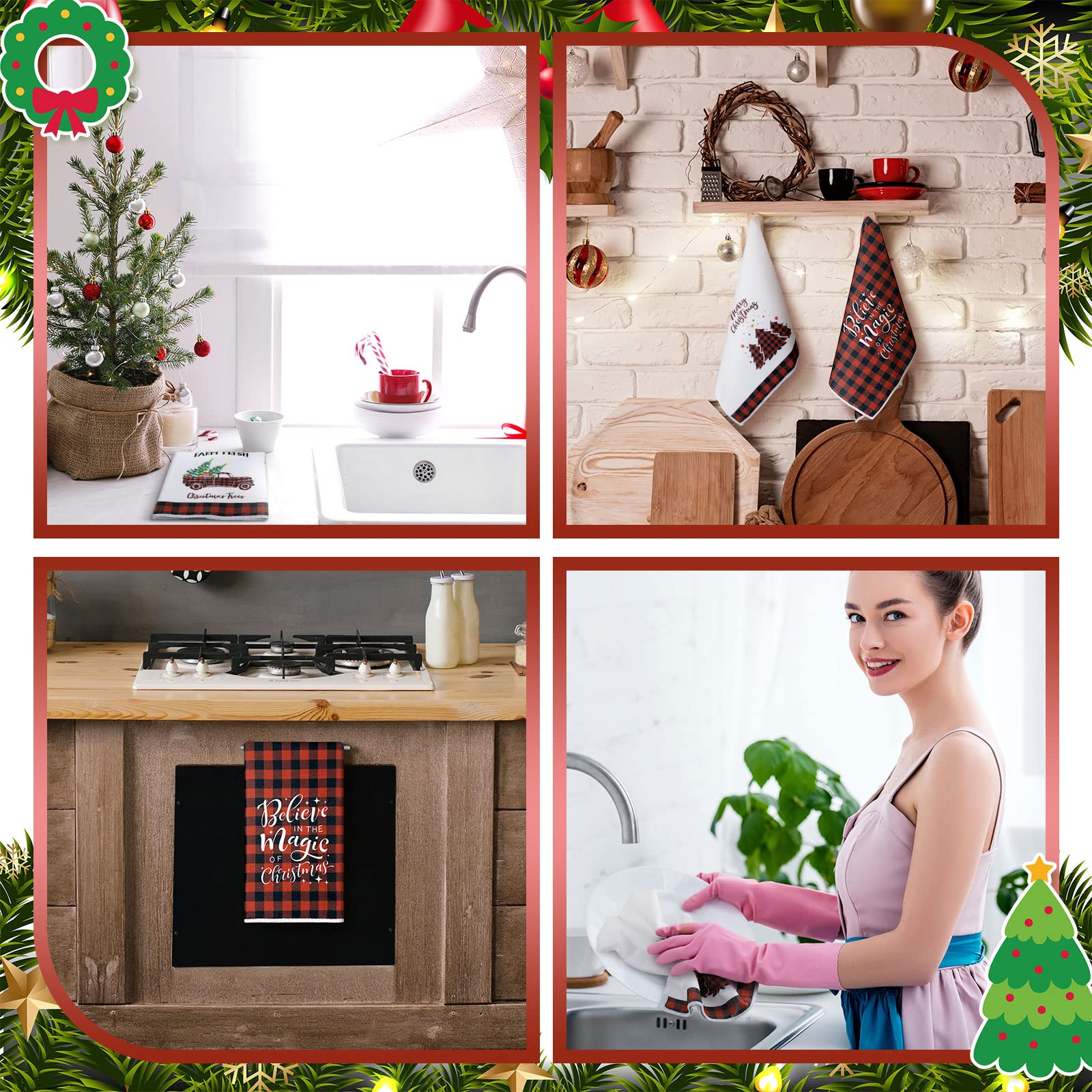 Patelai 4 Pack Christmas Kitchen Towels Buffalo Plaid Tea Dishtowels Farmhouse Winter Bathroom Hand Towels Christmas Decorations