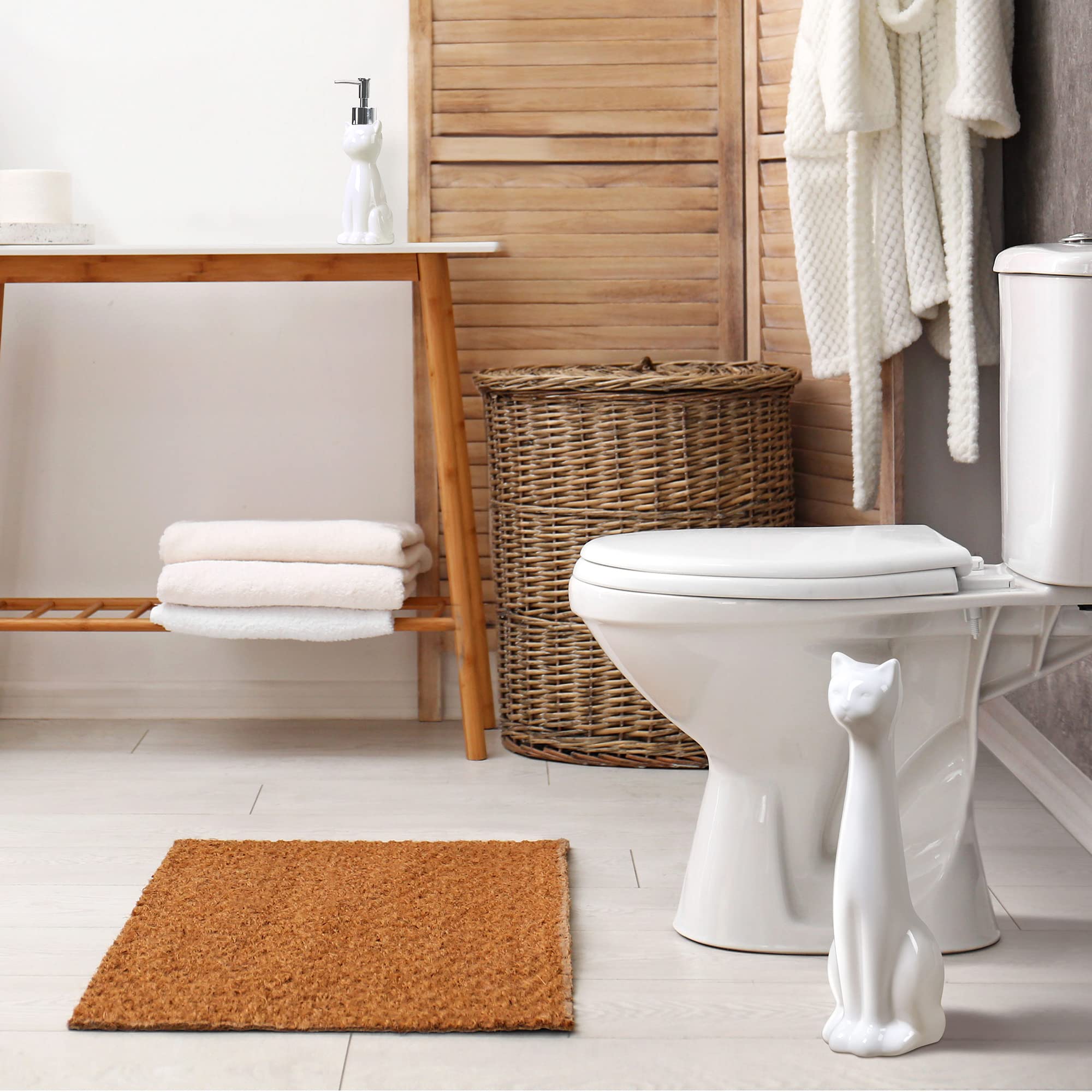 Allure Home Creation Cat 3-Piece White Ceramic Toilet Brush Holder W/White Plastic Handled Scrub Brush & Soap Dispenser-White