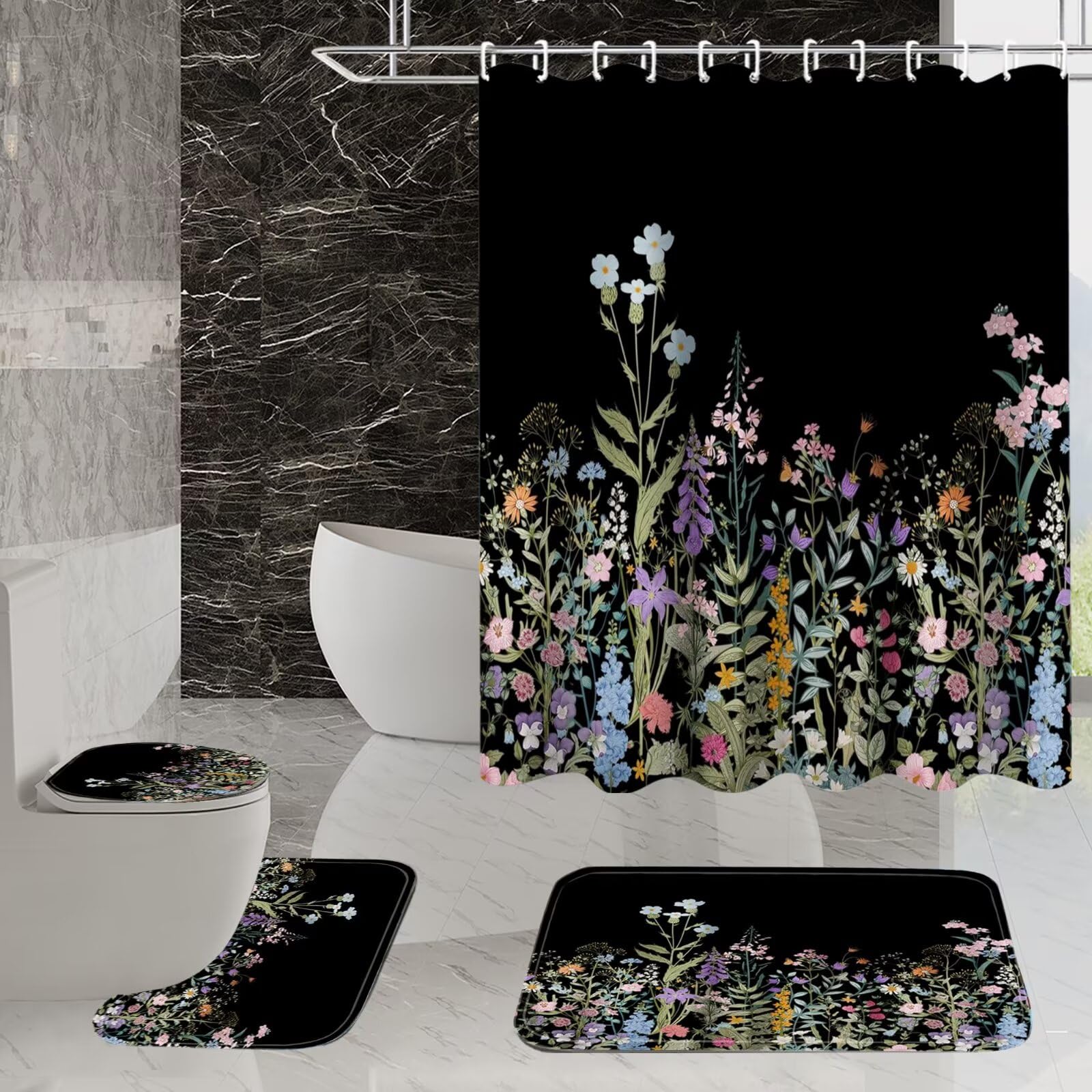 Azhm 4 Pcs Floral Shower Curtain Set Black Shower Curtain And Rug Set Colorful Floral Bathroom Decor Sets With Shower Curtains A