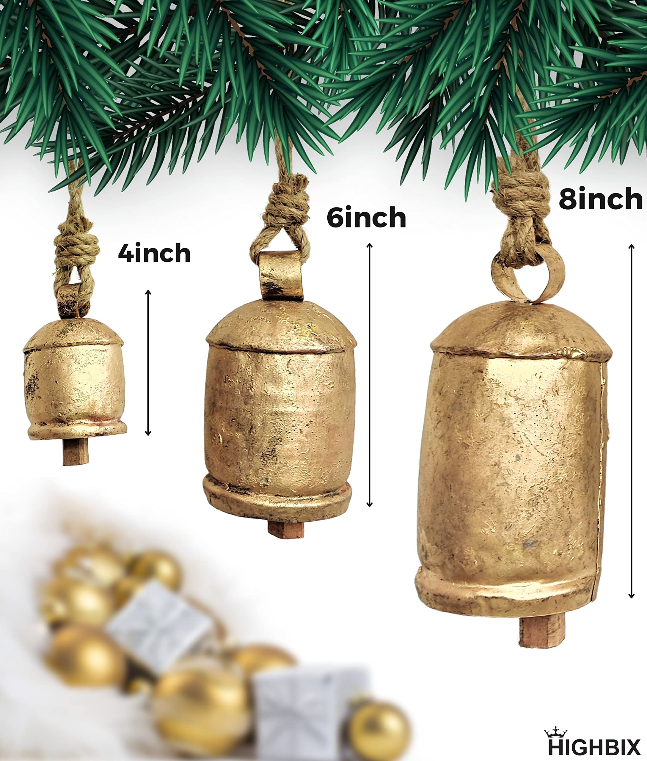 HIGHBIX Set of 3 Giant Harmony Cow Bells Huge Vintage Handmade Rustic Lucky Christmas Hanging XL Bells On Rope (Country Rustic,