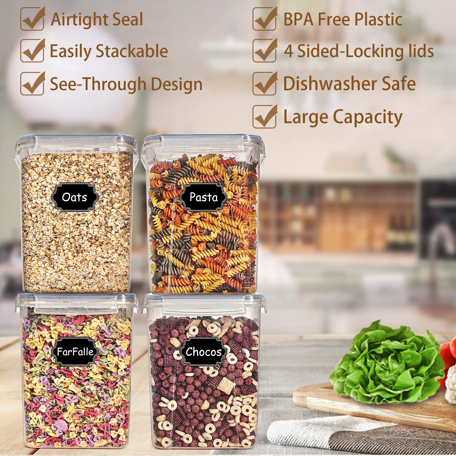 Wildone Large Food Storage Containers 5.2L /175Oz, 4 Piece Bpa Free Plastic Airtight Food Storage Containers For Flour, Sugar, B