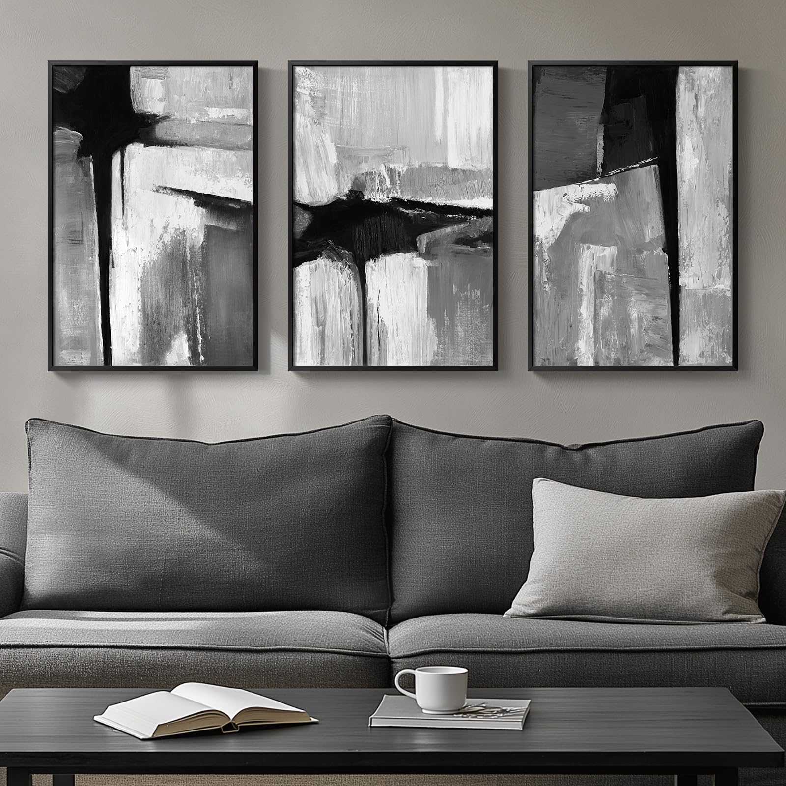Framed Black And White Gray Modern Abstract Wall Art, Set Of 3 Piece Big Canvas Paintings Artwork For Walls, Minimalist Art Prin