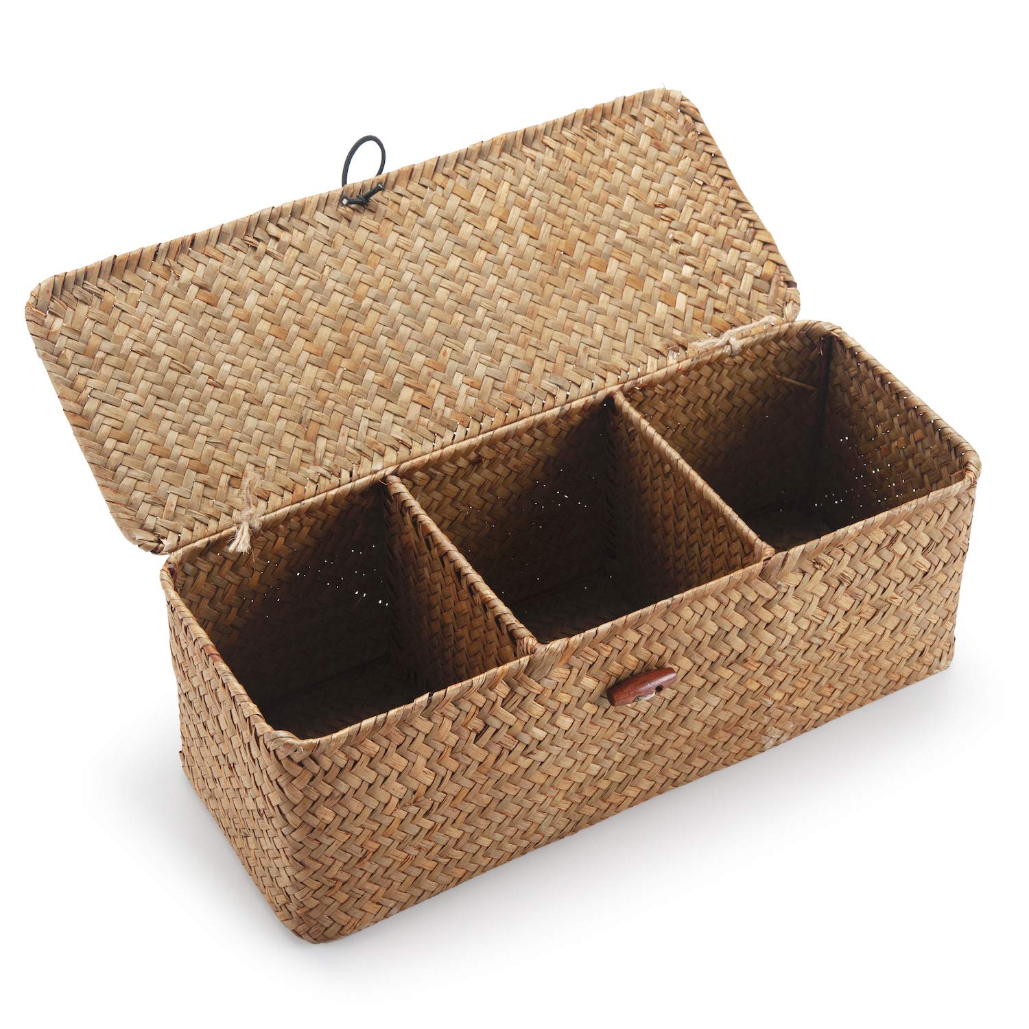 Seagrass Tank Basket With Lid Woven Toilet Roll Storage Basket With Sections Rectangular For Organize Snack Toys Tampon (Large C