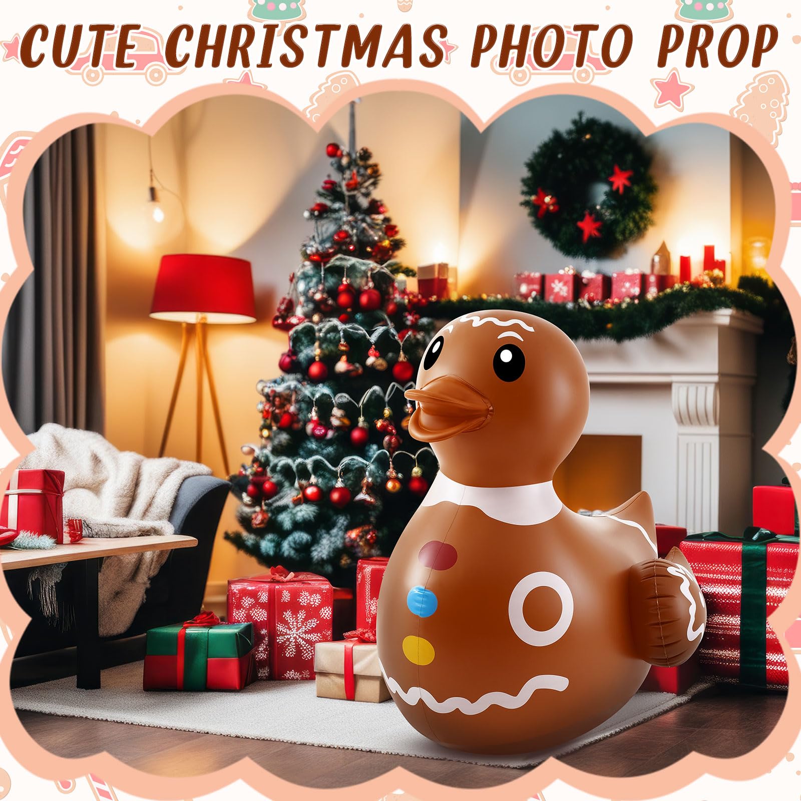 Hungdao 1 Pcs 4 Feet PVC Christmas Giant Inflatable Gingerbread Duck Huge Rubber Large Blow up Duck Christmas Pool Floats for Xm