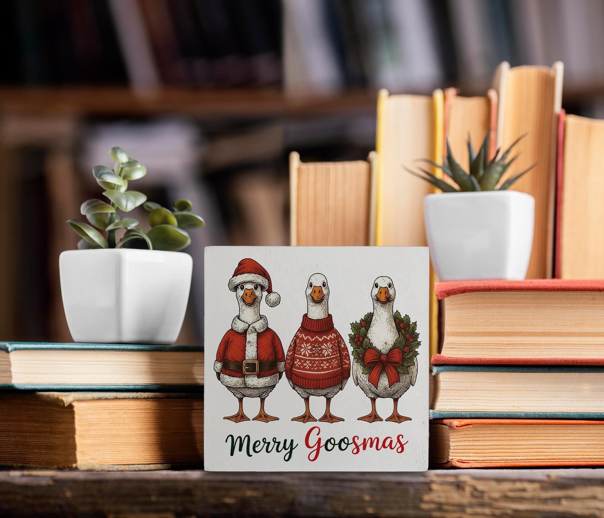 kunlisa Christmas Goose Wooden Sign, Goose Lover Gifts, Christmas Xmas Santa Wreath Farm Animal Holiday Wood Box Sign for Home O