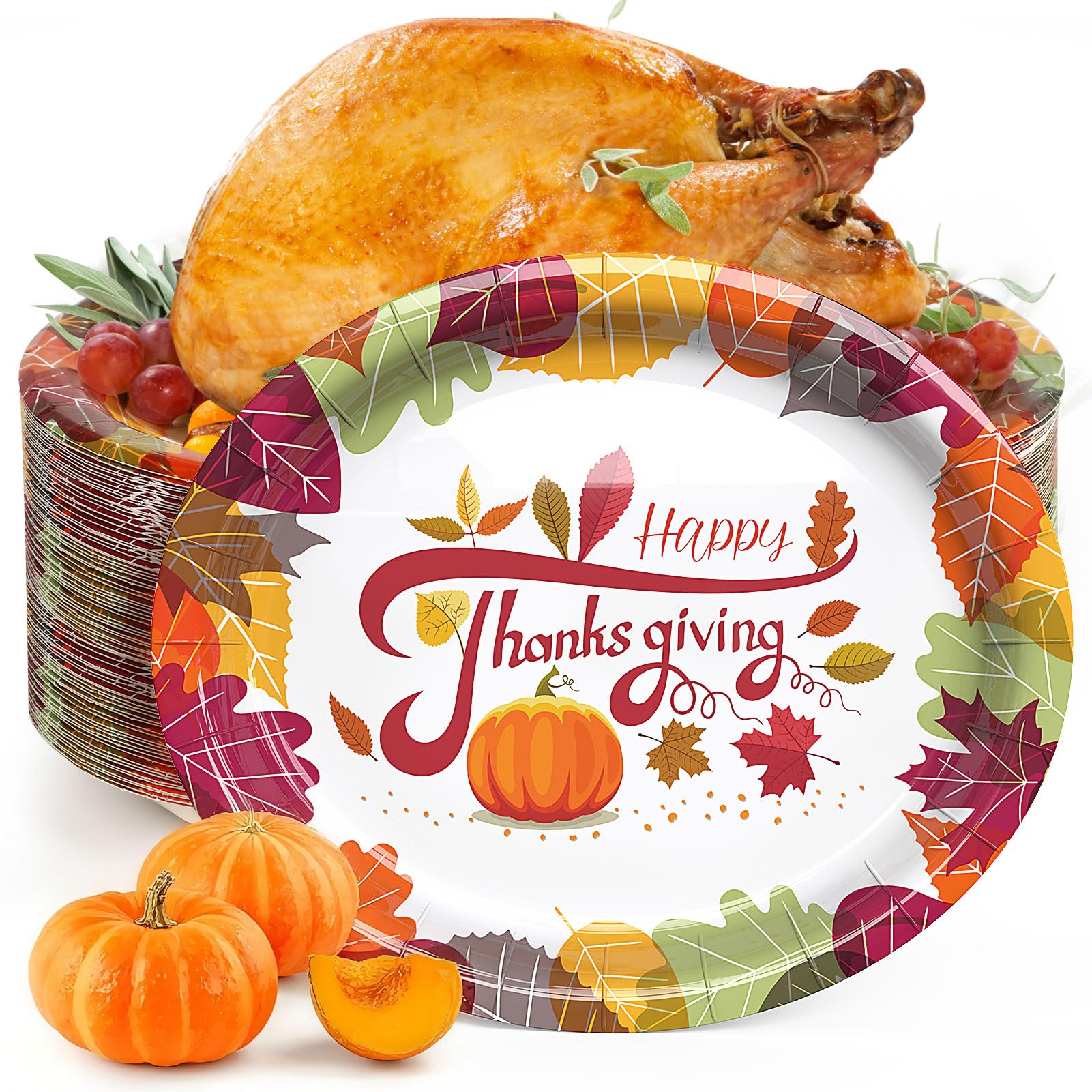 Gezond 50 Pcs Thanksgiving Paper Plates Oval, 10 x 12.5 Thanksgiving Plates Disposable with Pumpkin Maple Leaves Fall Plate for 