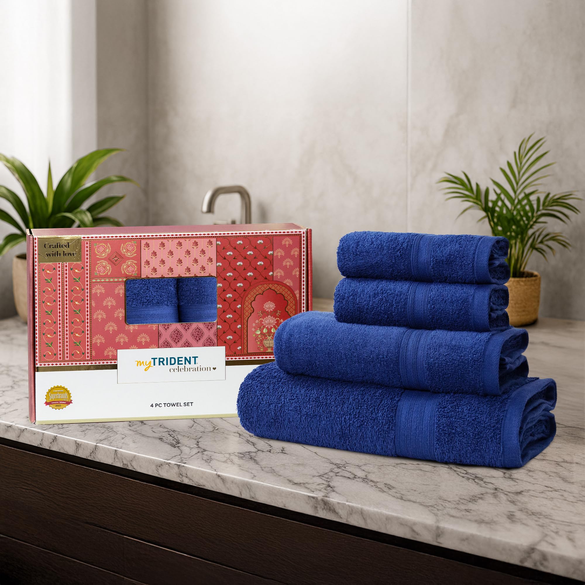 Mytrident Celebration Towels For Bath Large Size, 4 Pc Towel Set, 1 Bath, 1 Small Bath, 2 Hand, Midnight Blue