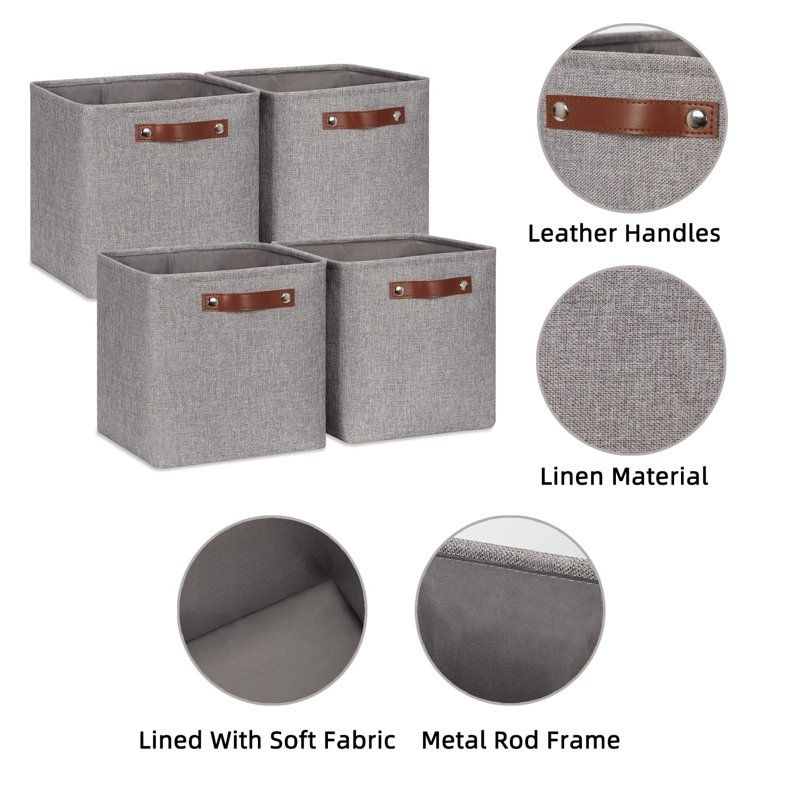HNZIGE Collapsible Storage Basket (4Pack) Cube Storage Baskets for Organizing Shelves Fabric Baskets for Storage 11x11 Storage Basket for Dog Toys Closet Book Clothes Storage with Handles(Grey)