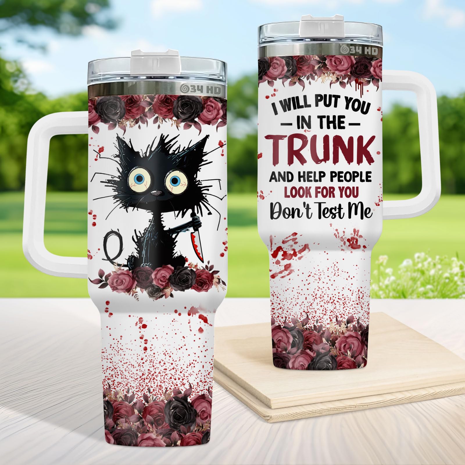 34Hd Gifts For Halloween, Crazy Cat Tumbler With Handle And Straw 40 Oz Stainless Steel, I Will Put You Cat Mug, Horror Cup, Cat