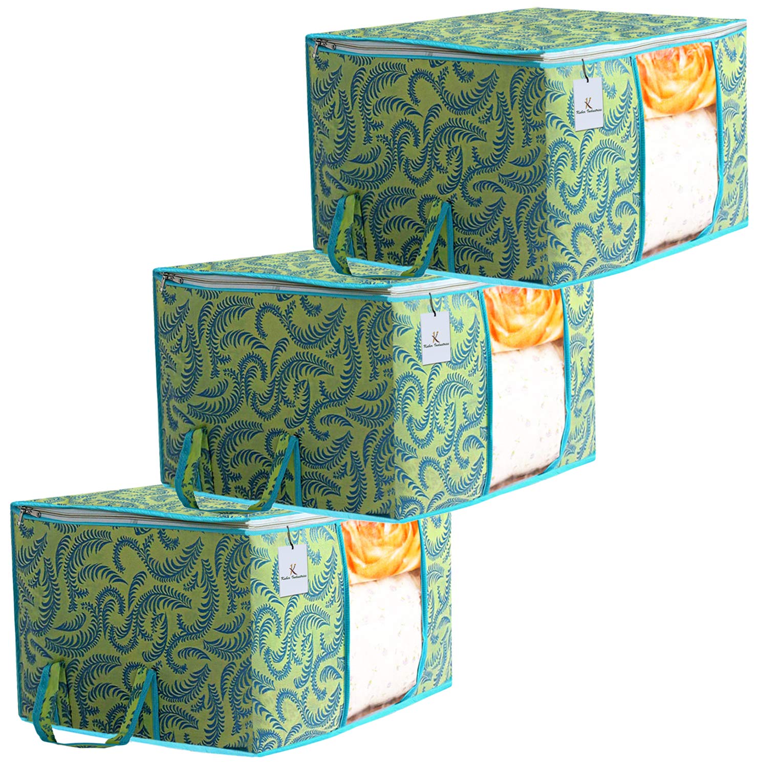 Heart Home Metalic Printed 3 Piece Non Woven Underbed Storage Bag,Storage Organiser,Blanket Cover With Transparent Window,Extra 