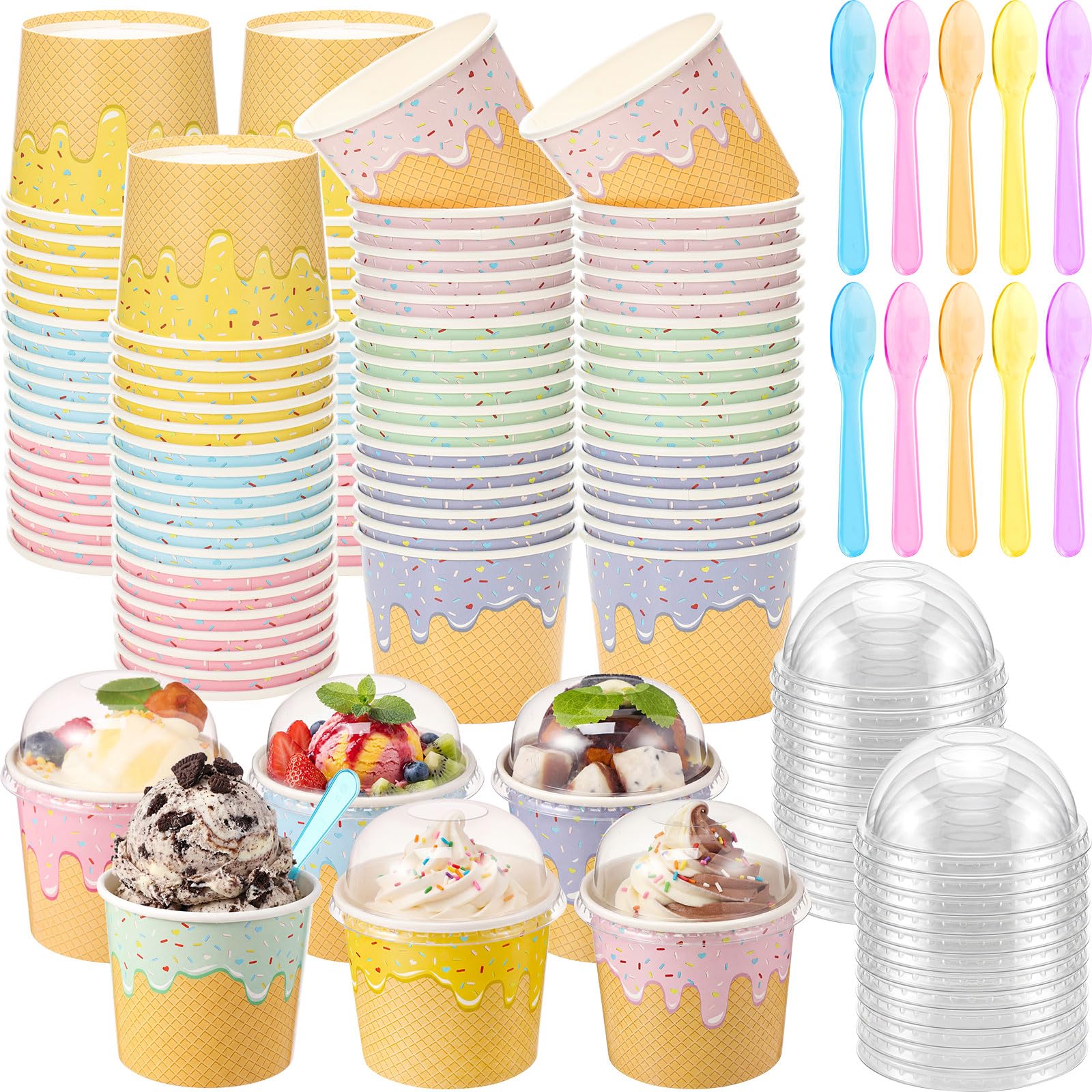 Jingmore 60 Set 4oz Ice Cream Paper Cups with Lids and Spoons