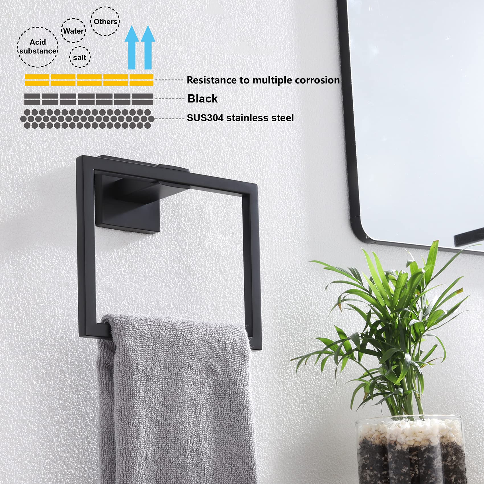 Kokosiri Hand Towel Ring Shower Towel Hanger Holder Bath Towel Holder Bathroom Lavatory Stainless Steel Wall Mount, Matte Black,