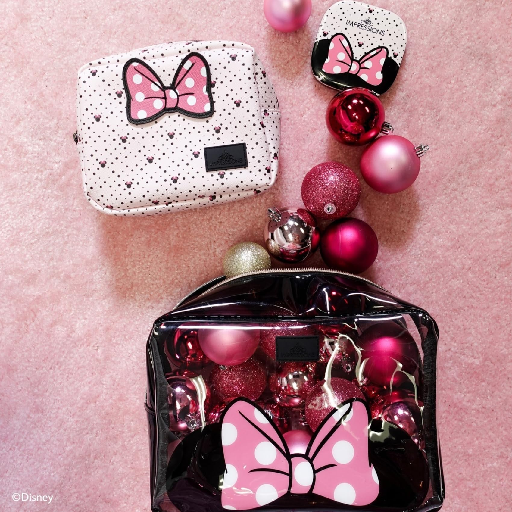 Impressions Vanity Disney Minnie Mouse Compact Mirror With Light, Double Sided Cute Travel Makeup Mirror With Magnification, 3 C