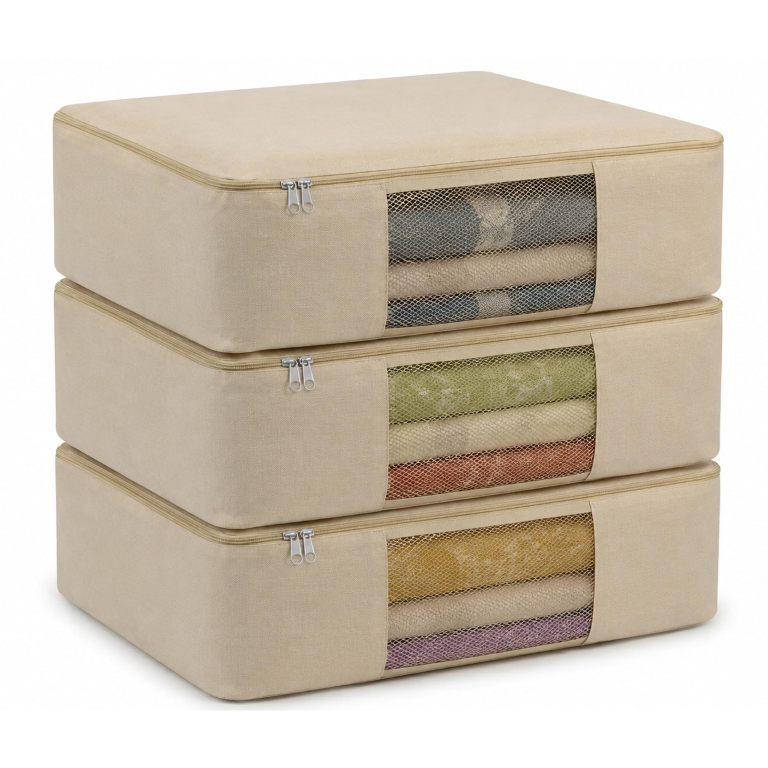 Gowloz Cotton Saree Storage Bags Set Of 3  Breathable Clothes Organizer With Zipper & Clear Window | Wardrobe Storage For Saree