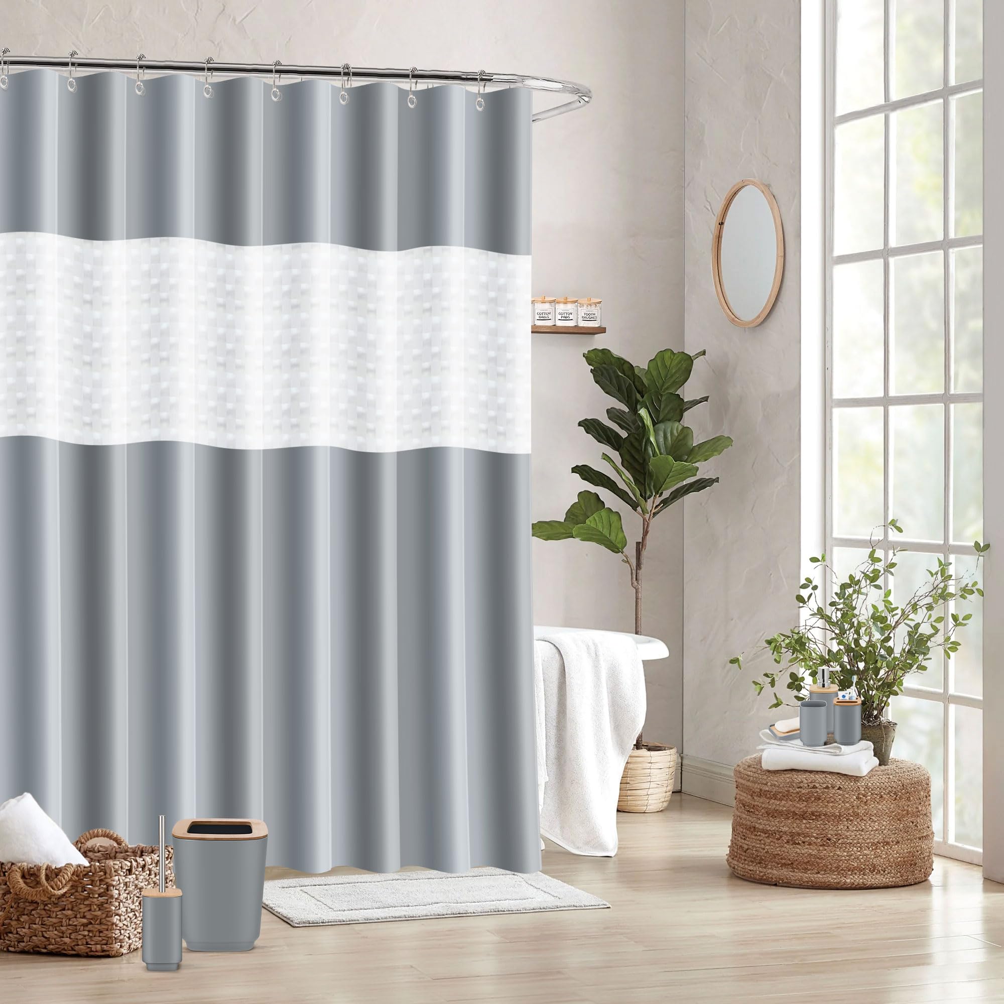 Imavo Grey Bathroom Set,24 Pcs Bathroom Accessories Set With Shower Curtain,Tray,Trash Can,Soap Dispenser,Soap Dish, Toothbrush