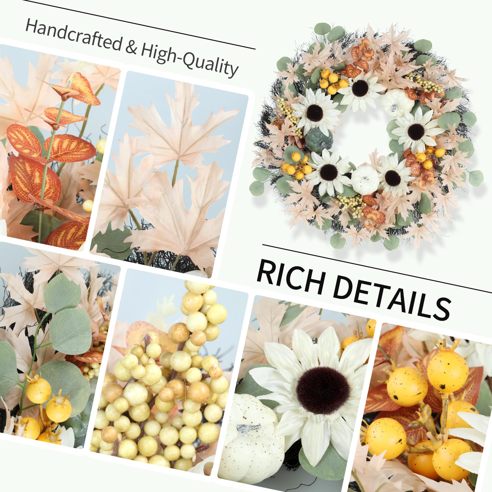 Yueyela 23inch Fall Wreaths for Front Door, Autumn Wreath with Pumpkin Sunflowers Fruits Maple and Eucalyptus Leaves, Wreaths fo