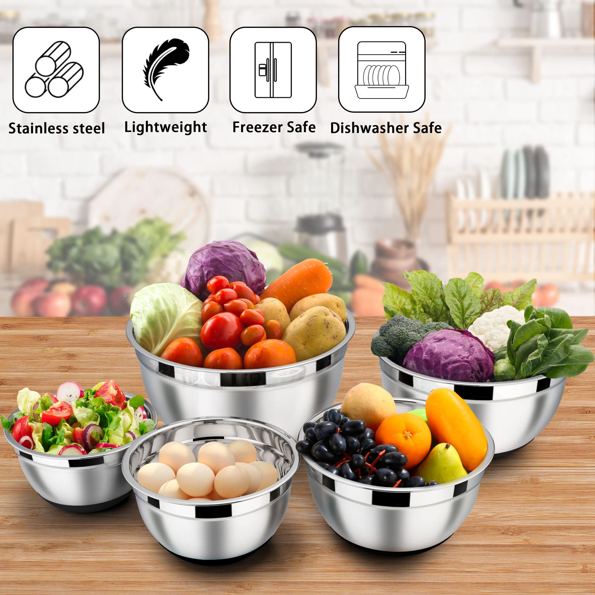 Lianyu Nesting Mixing Bowls Set Of 6, Stainless Steel Mixing Bowl With Airtight Lids, Size 7, 3.5, 2.5, 2, 1.5, 1Qt, Large Metal