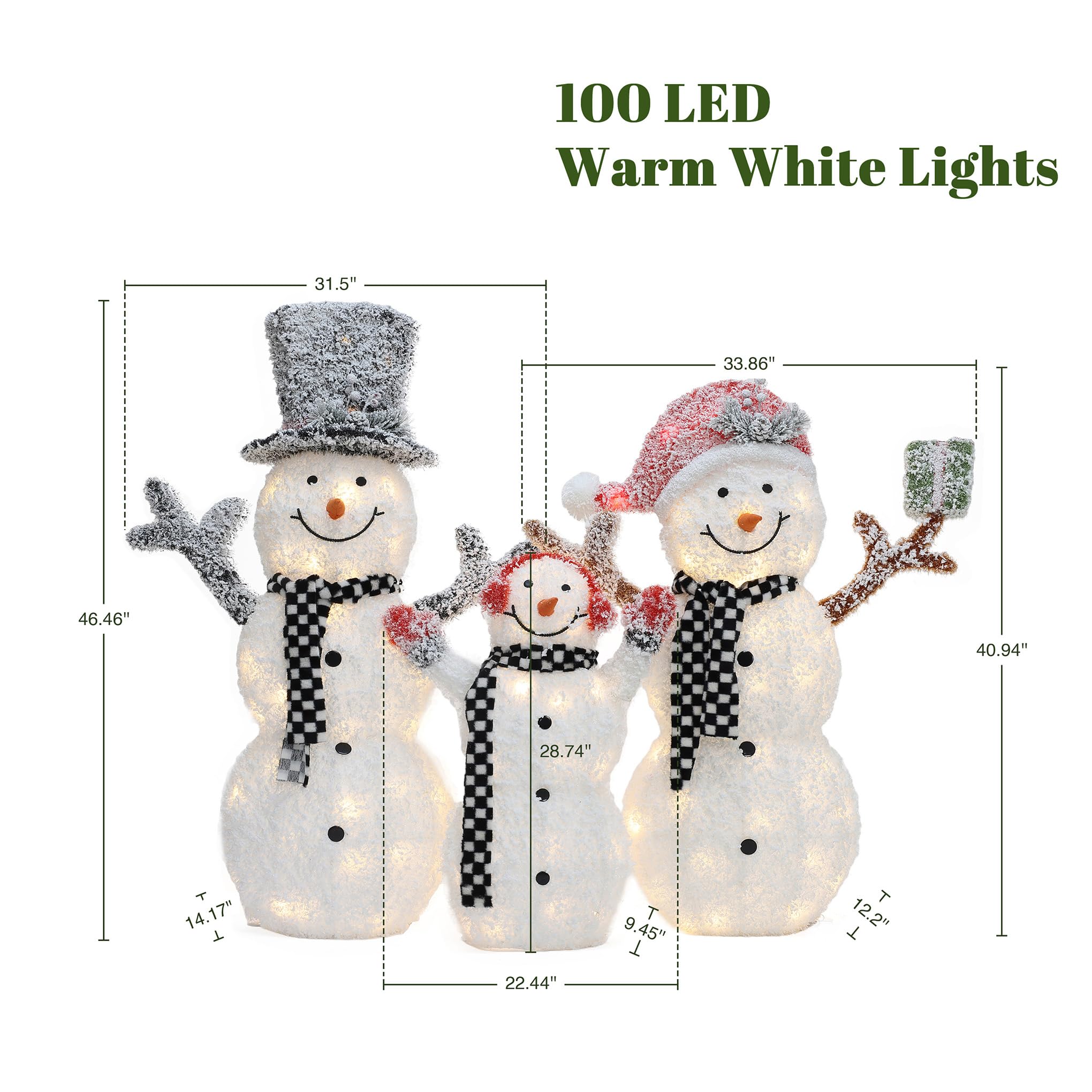LuxenHome 3.5FT Lighted Snowman Family Outdoor Decorations, Prelit Frosted Snowman with Hat and Scarf, Illuminated Christmas Dec