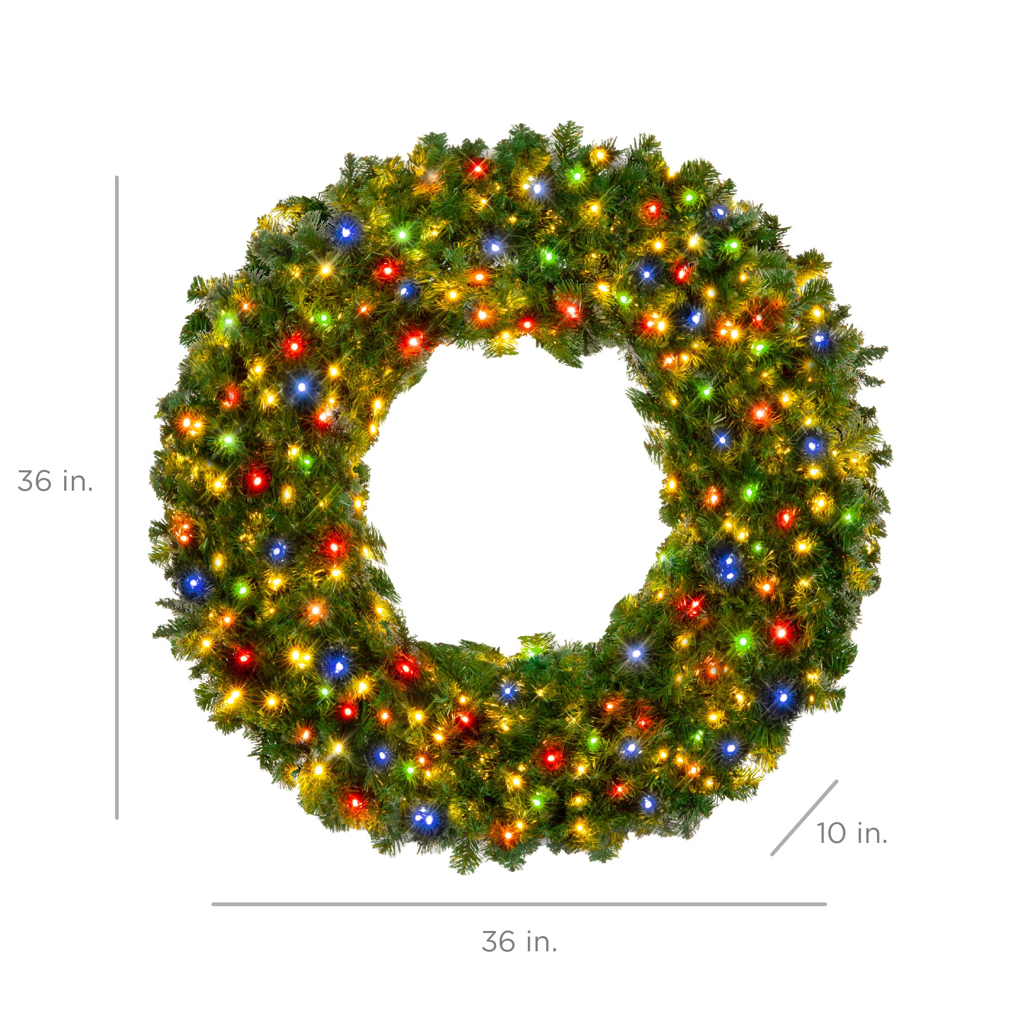 Best Choice Products 36in Large Artificial Pre-Lit Fir Christmas Wreath Holiday Accent Decoration w/ 150 Multicolor Lights, 300